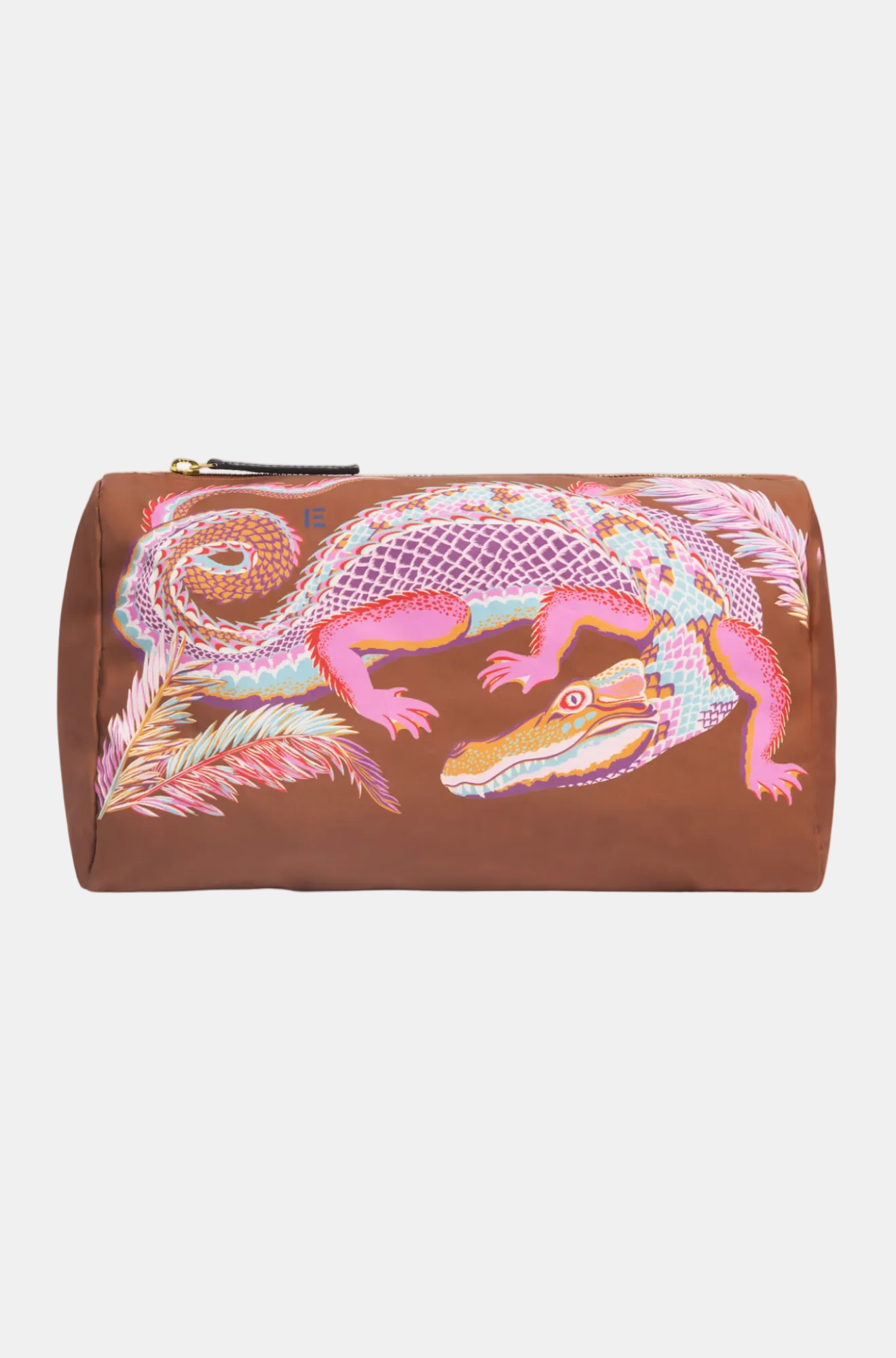 Cosmetic bag with colorful alligator design on a brown background