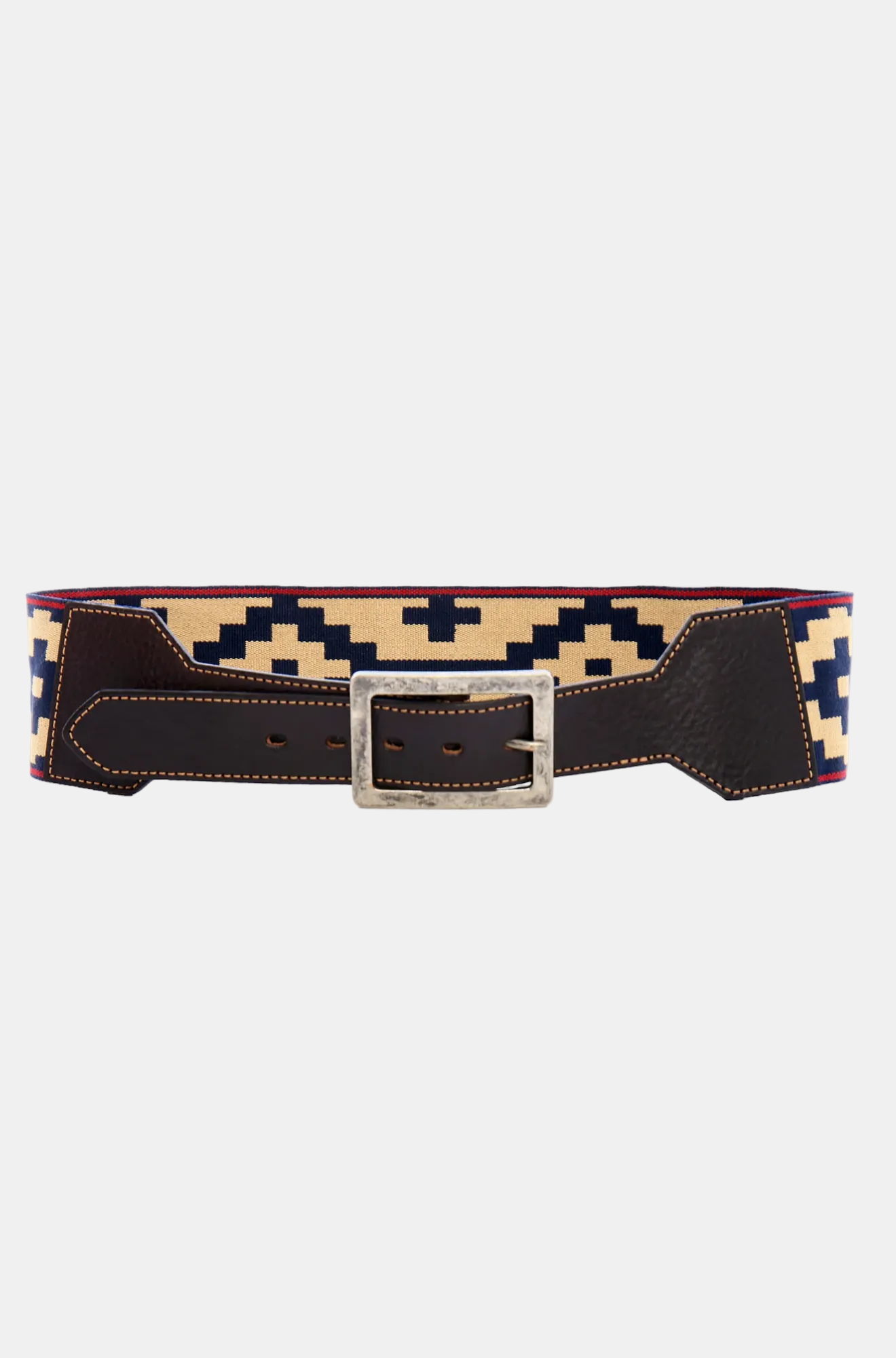 Wide belt with a patterned strap and metallic buckle on a white background