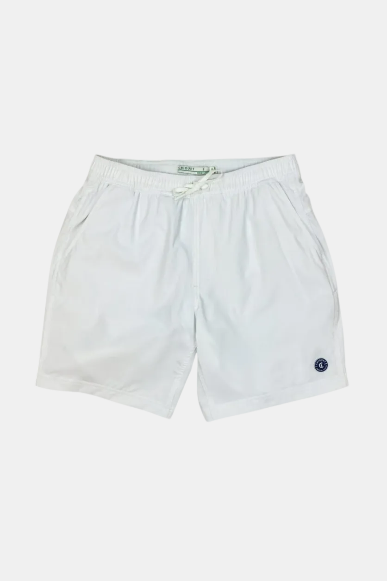 White shorts with a small logo on a white background