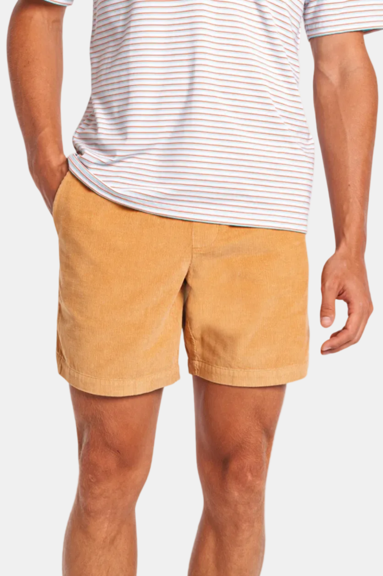 Person wearing tan shorts and a striped shirt on a white background