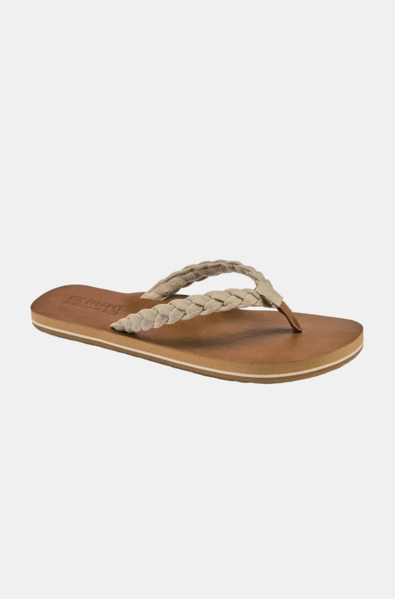 Brown sandal with braided design on a white background