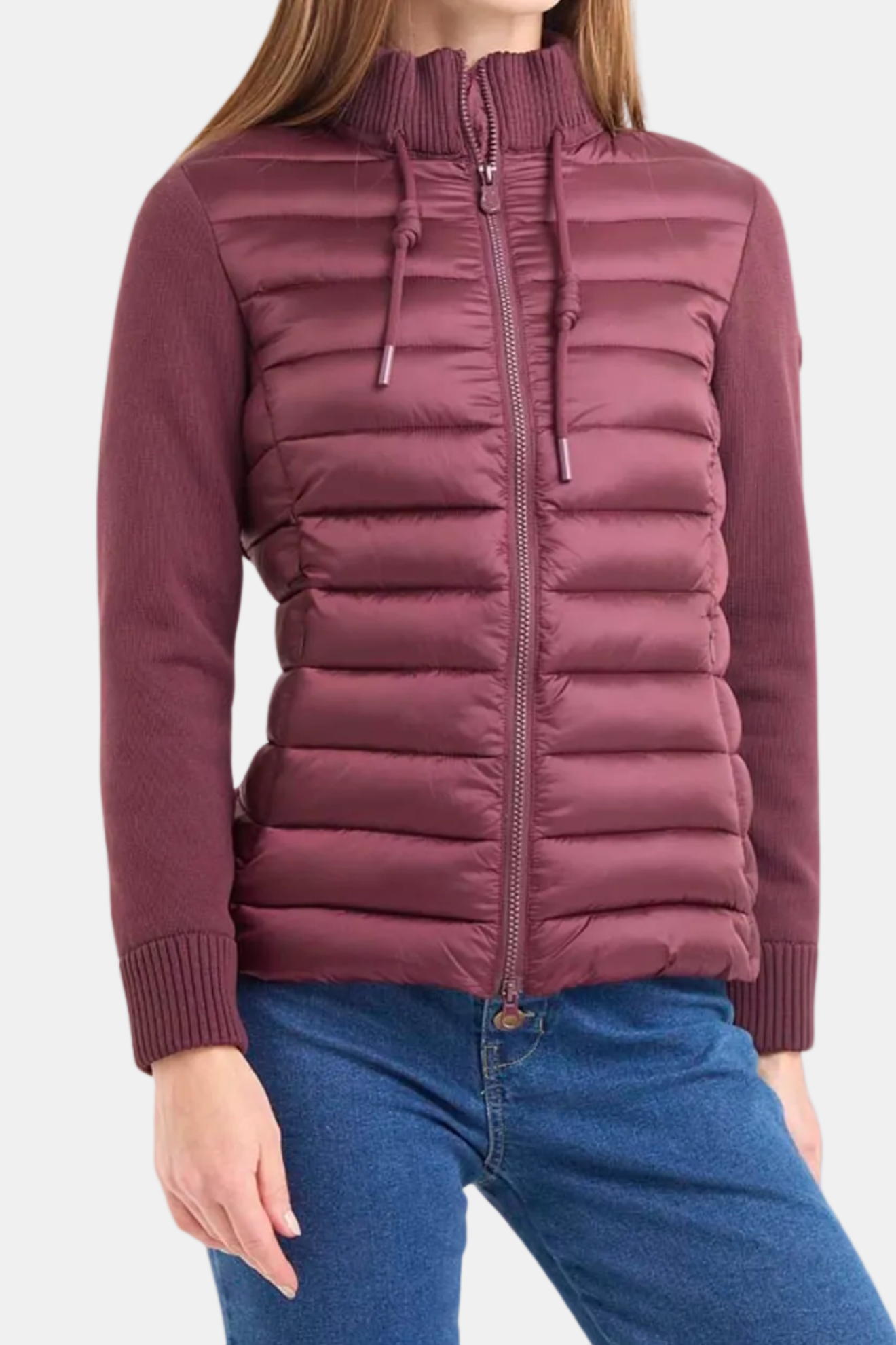 Maroon puffer jacket worn by a person on a white background