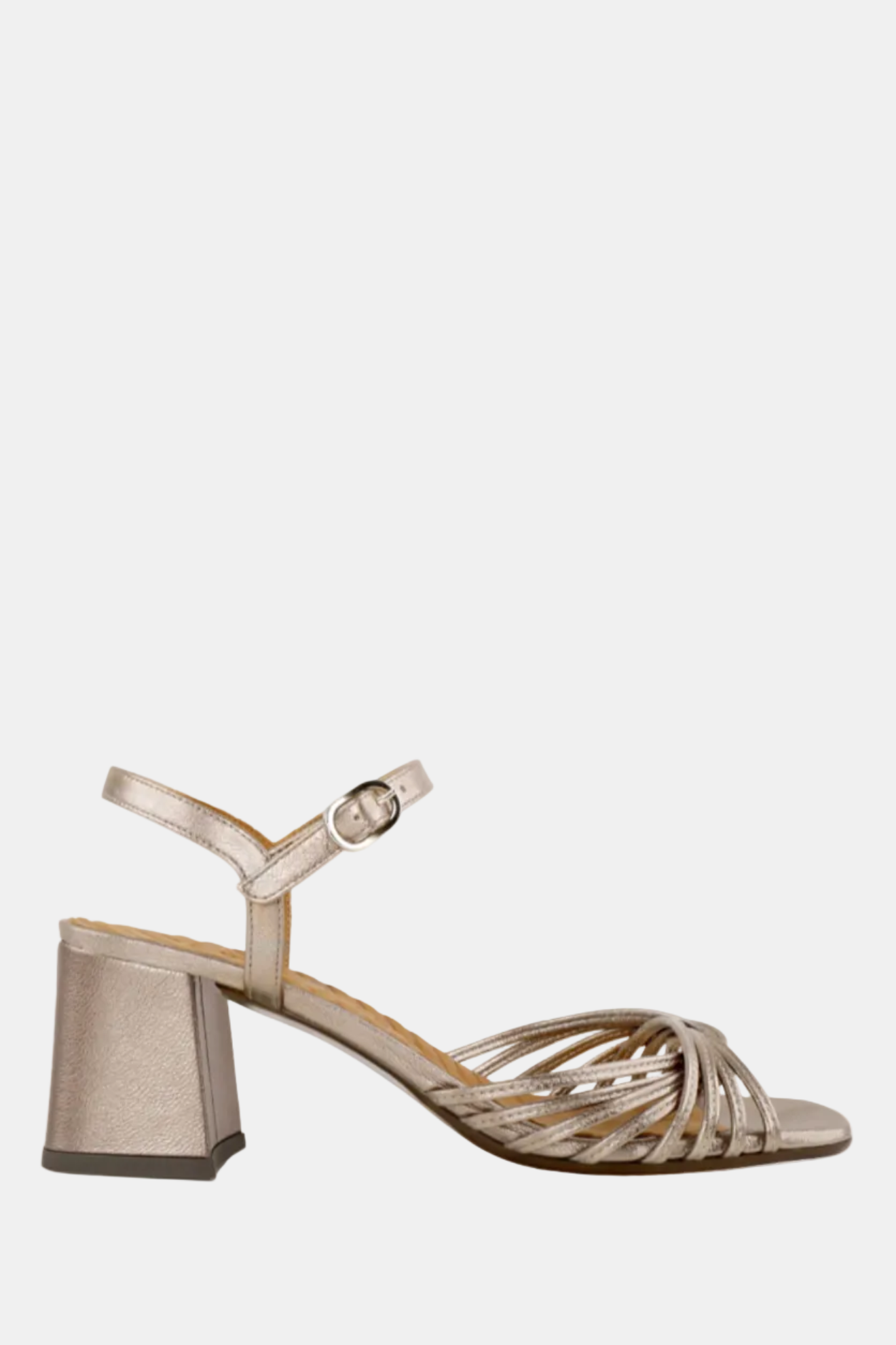 Silver sandal with a block heel on a white background