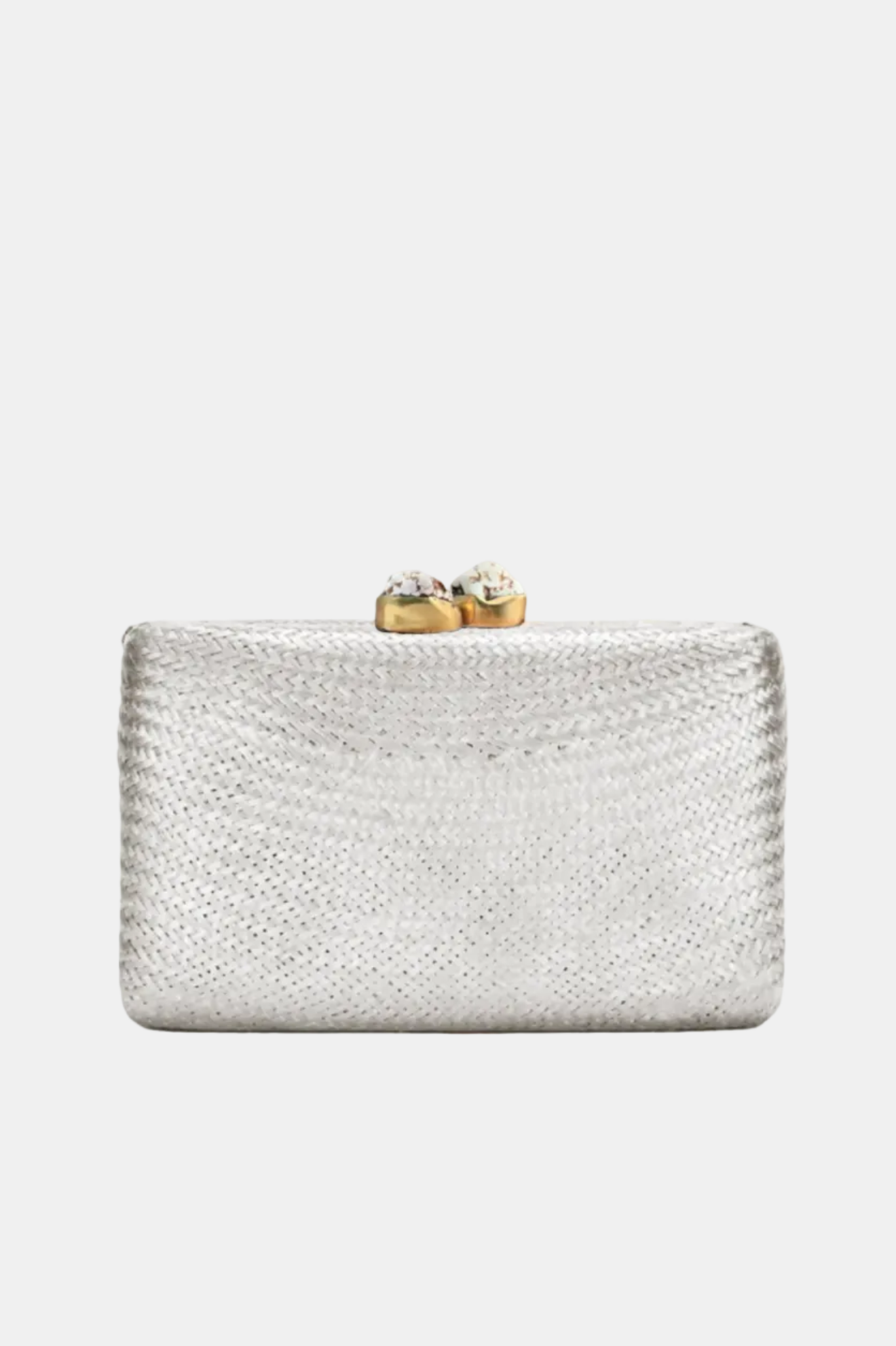 Silver clutch with gold clasp on a white background
