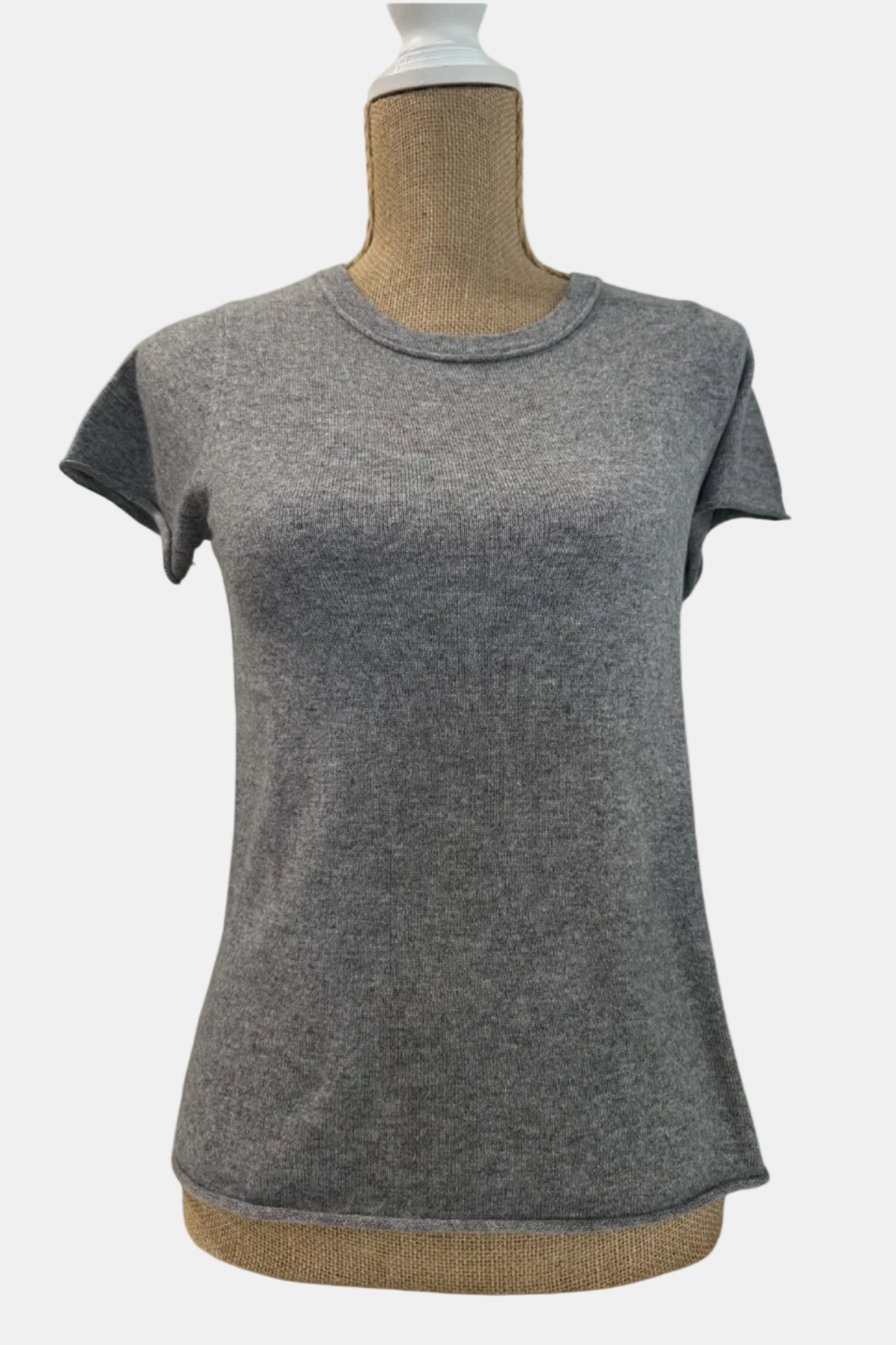A short-sleeve crewneck t-shirt in heather gray, displayed on a burlap-covered dress form mannequin against a white background.