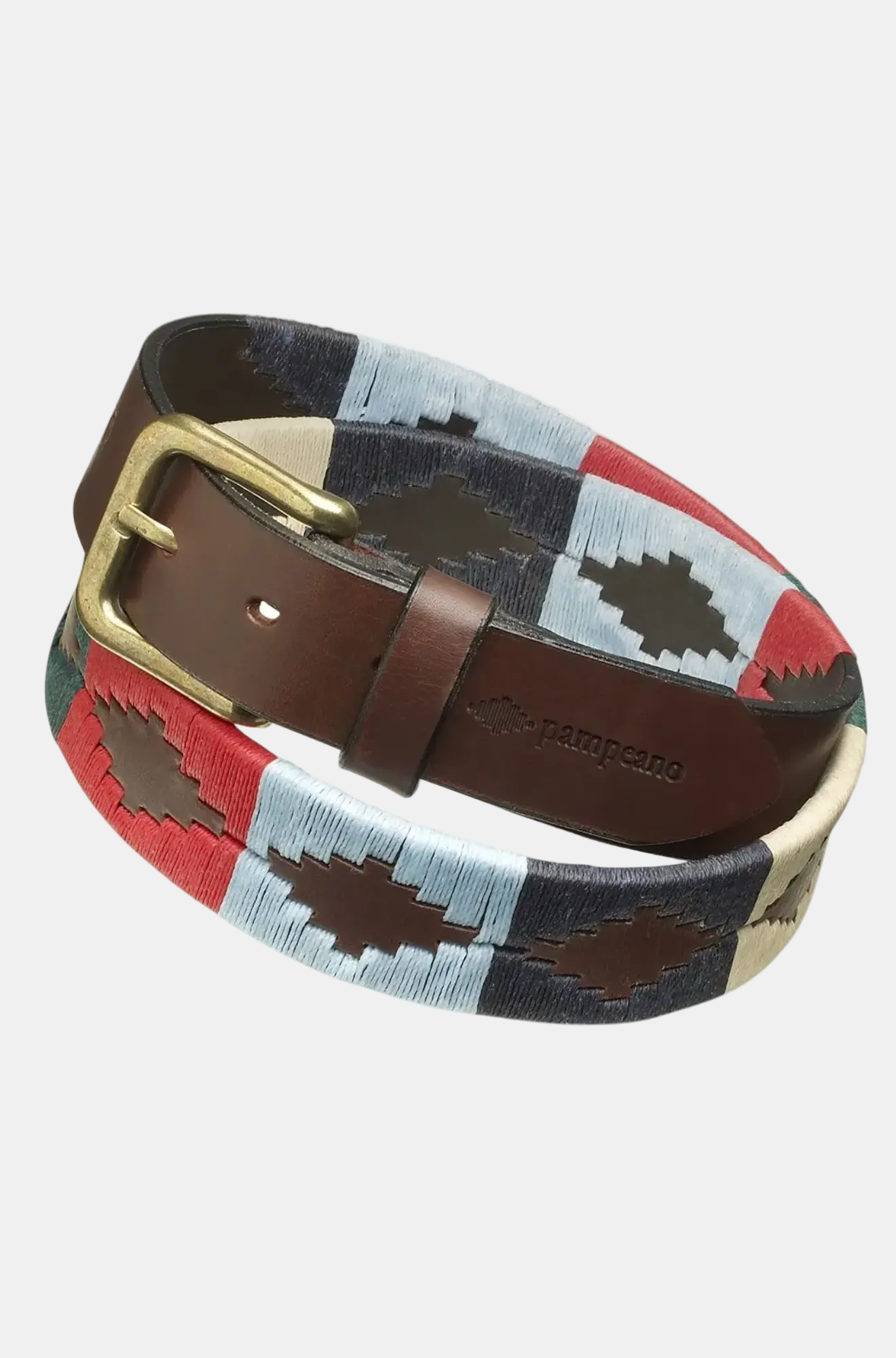 Multicolored belt with a brown buckle on a white background