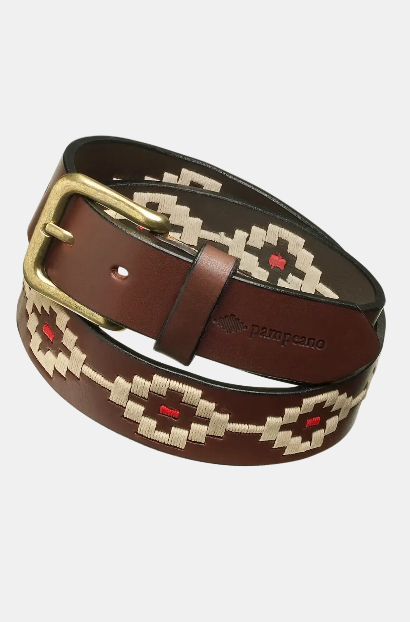 Brown belt with geometric pattern and gold buckle on a white background