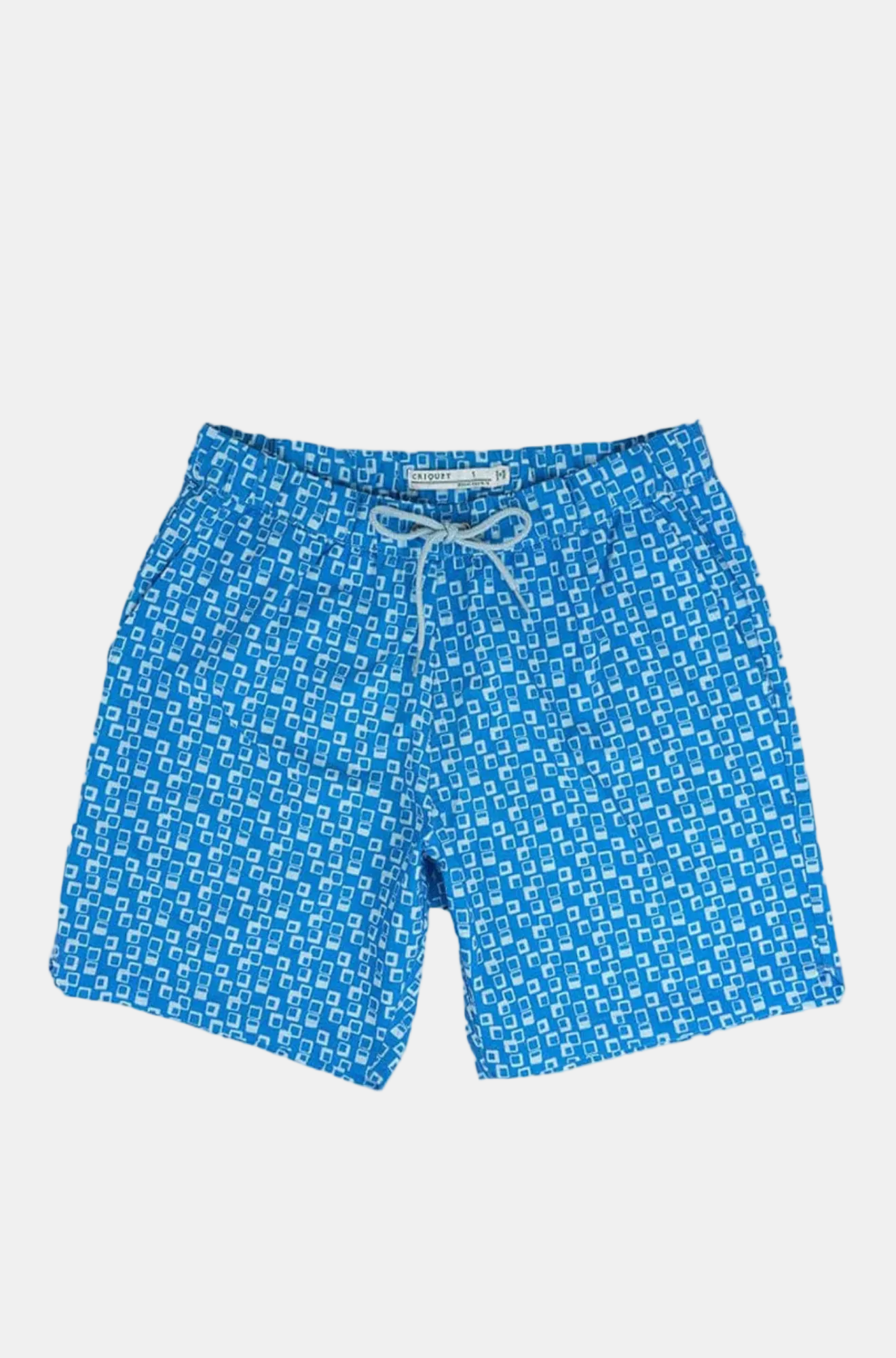 Blue patterned shorts on a white background
