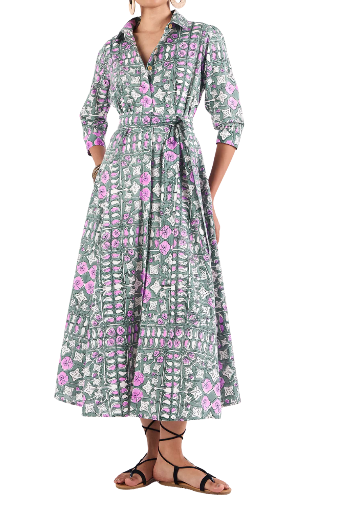 Woman wearing a floral dress on a white background