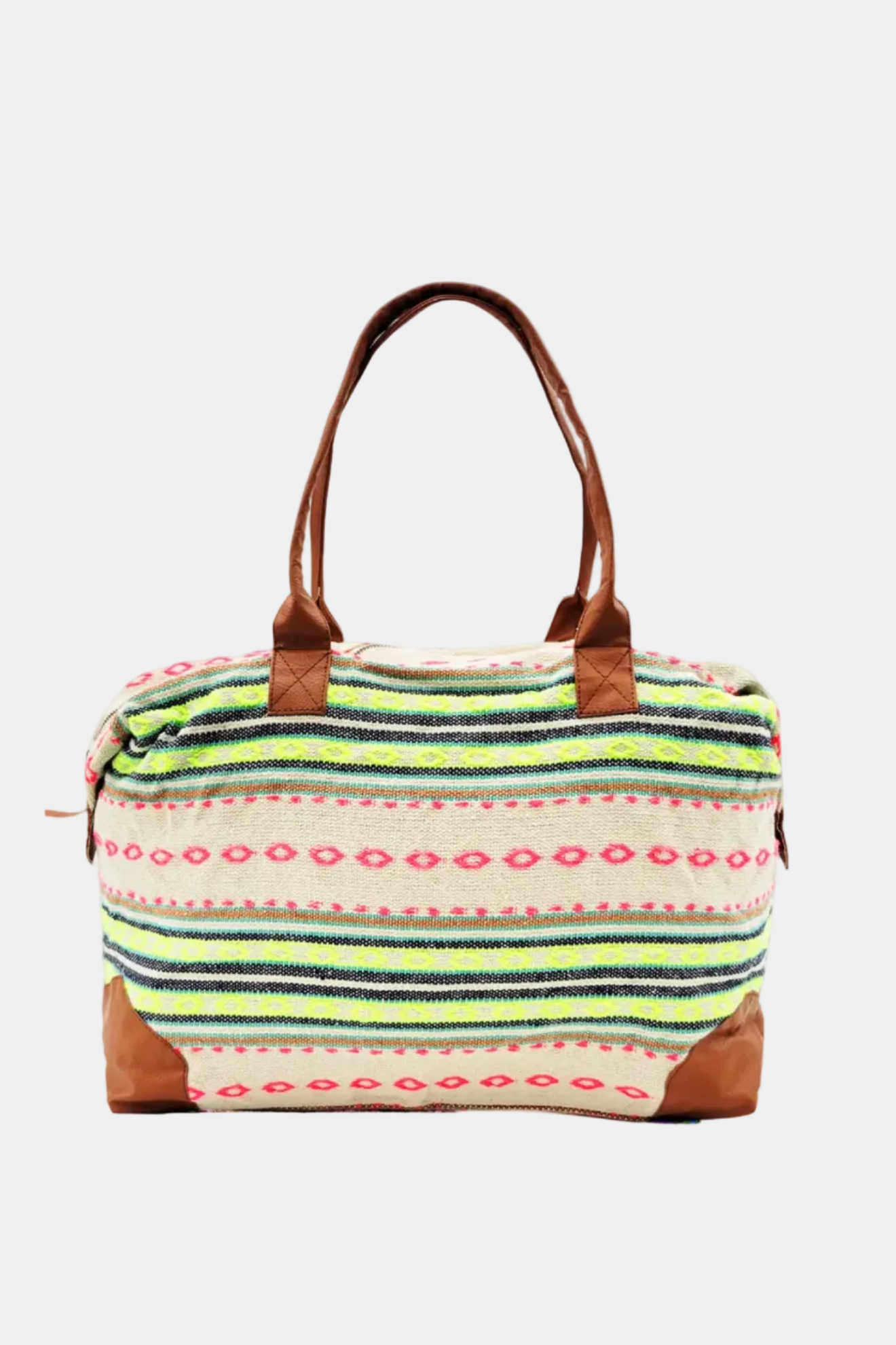 Striped handbag with brown handles and trim on a white background