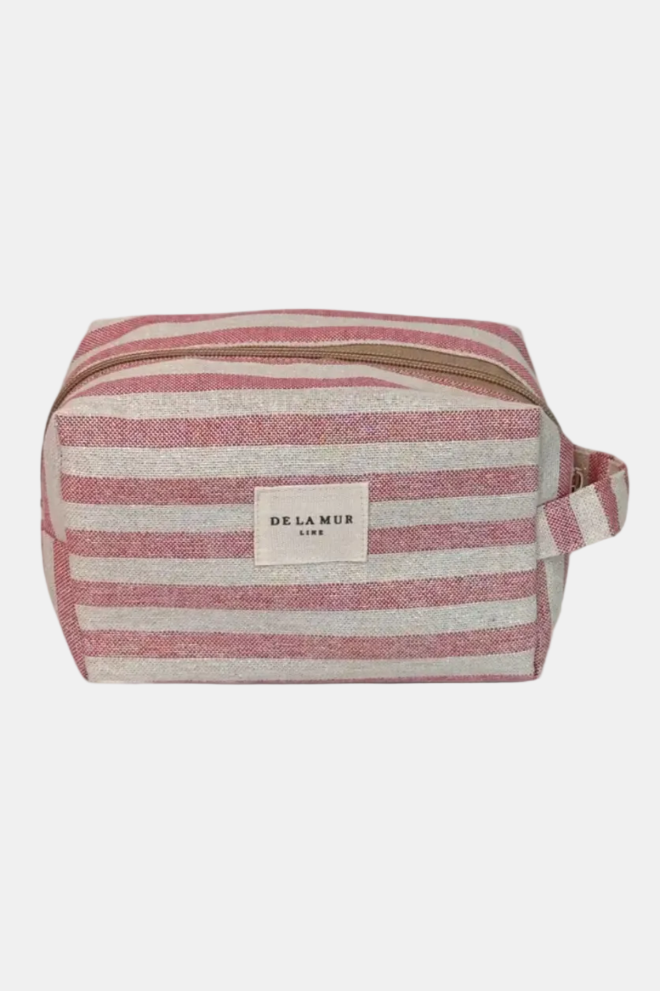 Striped toiletry bag with a visible brand label on a white background