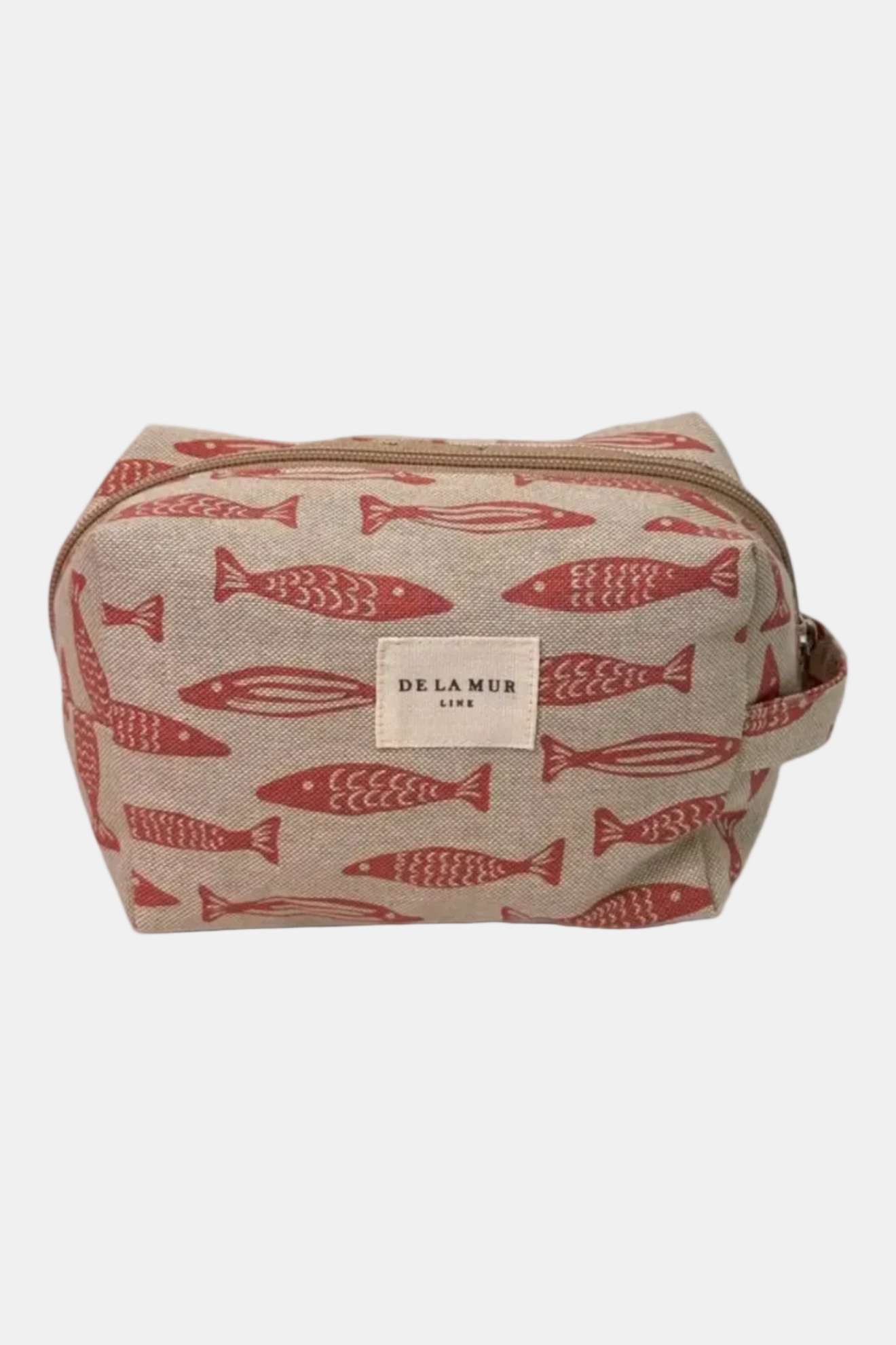 Cosmetic bag with fish pattern and 'De La Mure' label on a white background