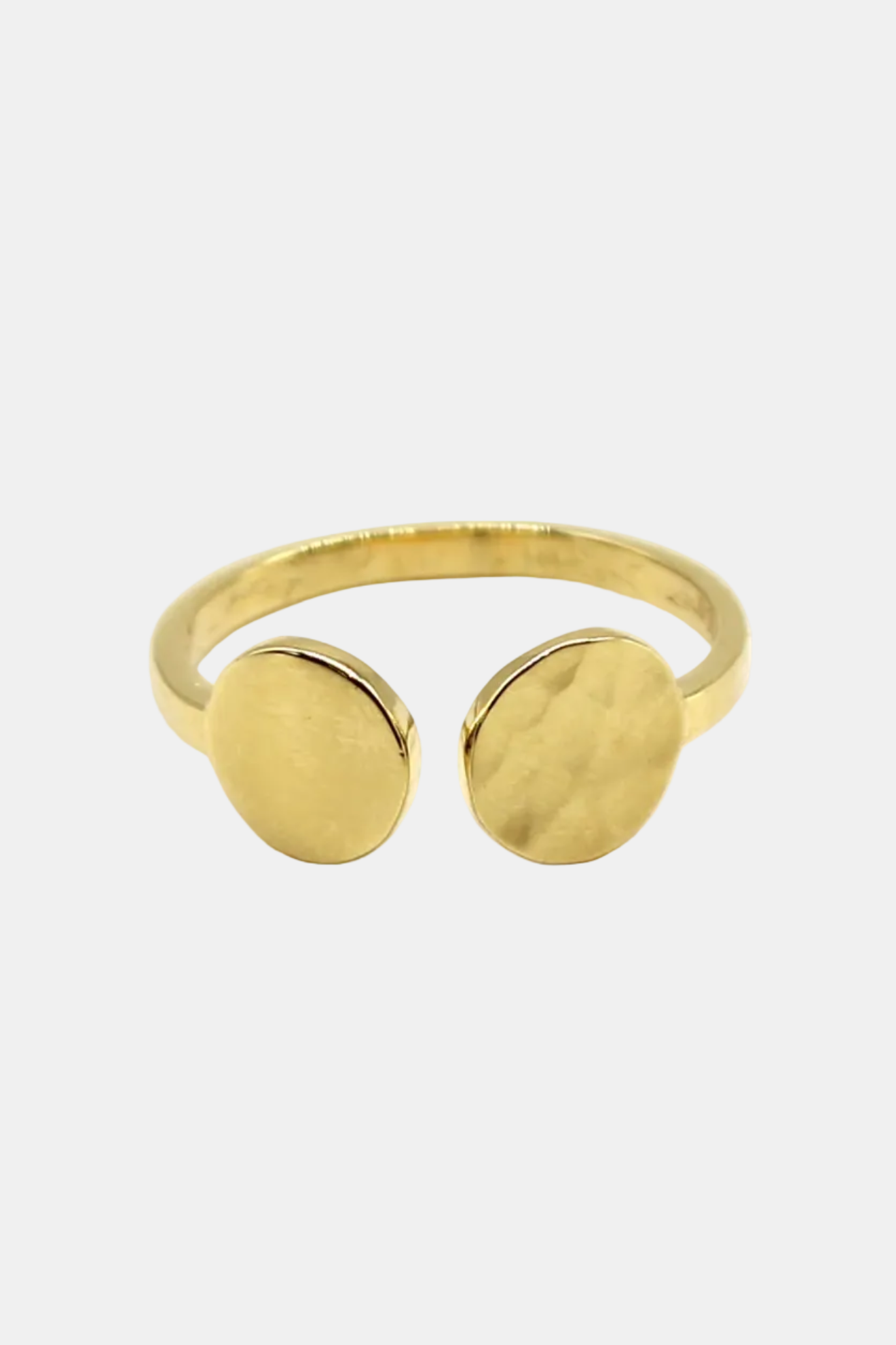 Gold ring with two round discs on a white background