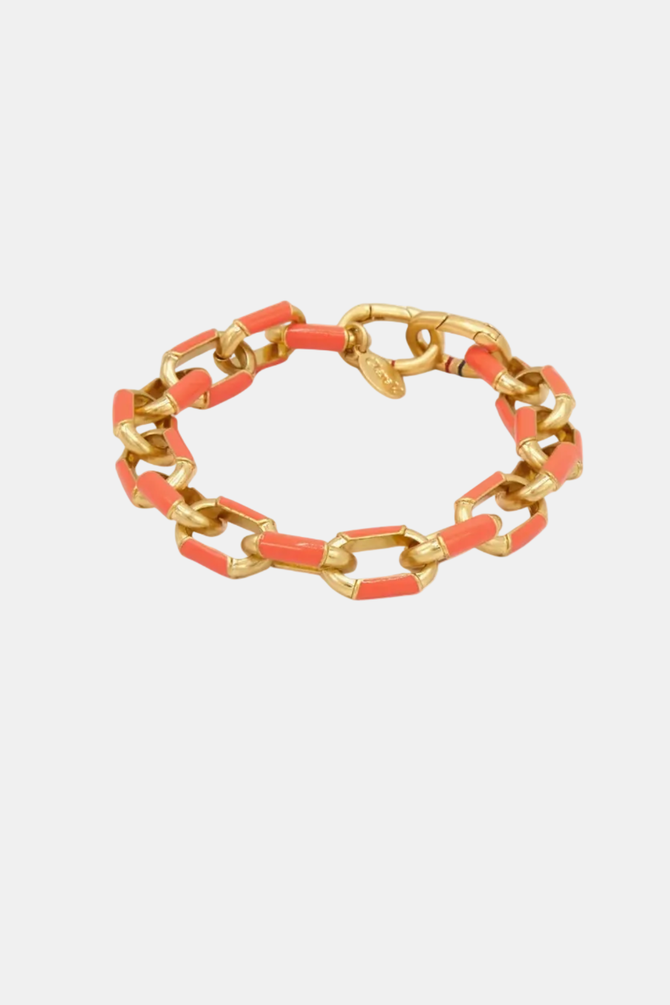 Gold chain bracelet with coral pink links on a white background