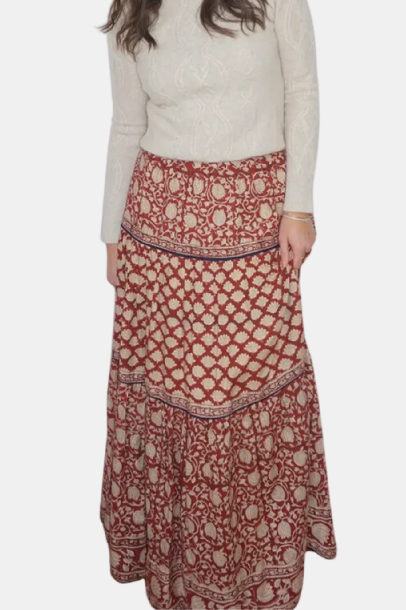 Person wearing a red patterned skirt on a white background