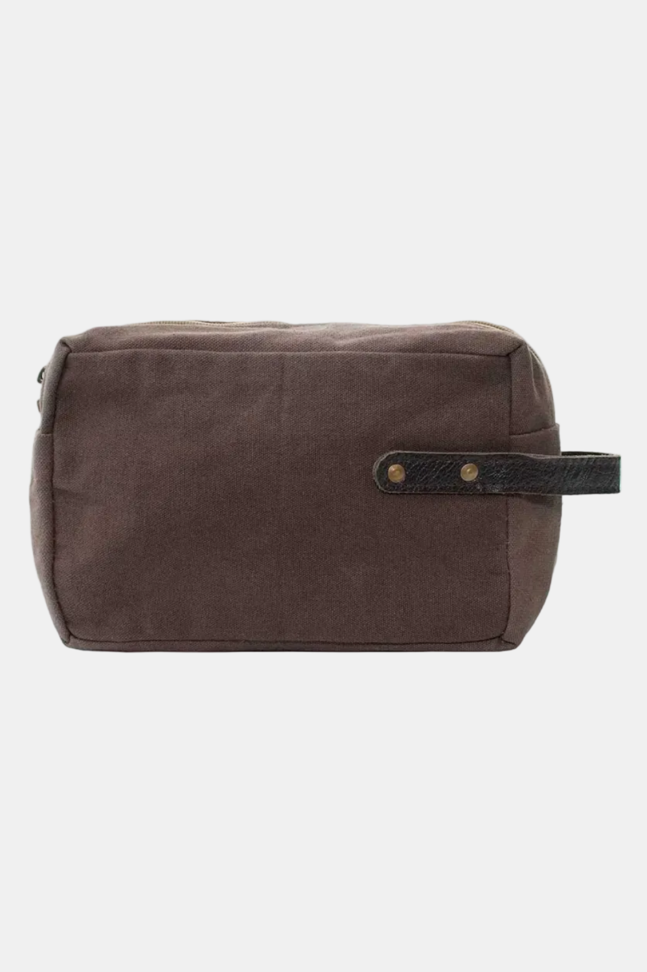 Brown toiletry bag with a black strap on a white background