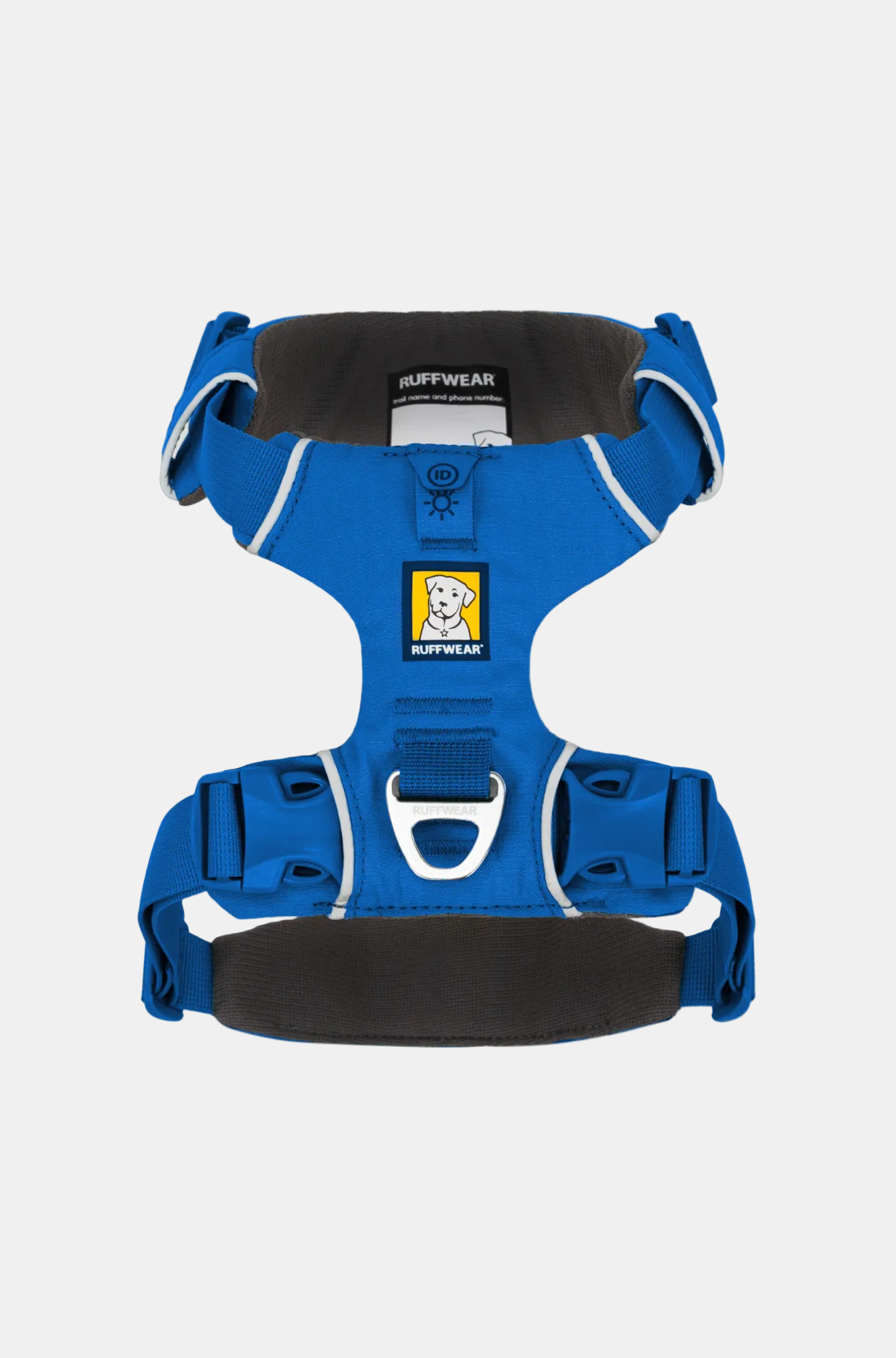 Blue dog harness with black padding on a white background