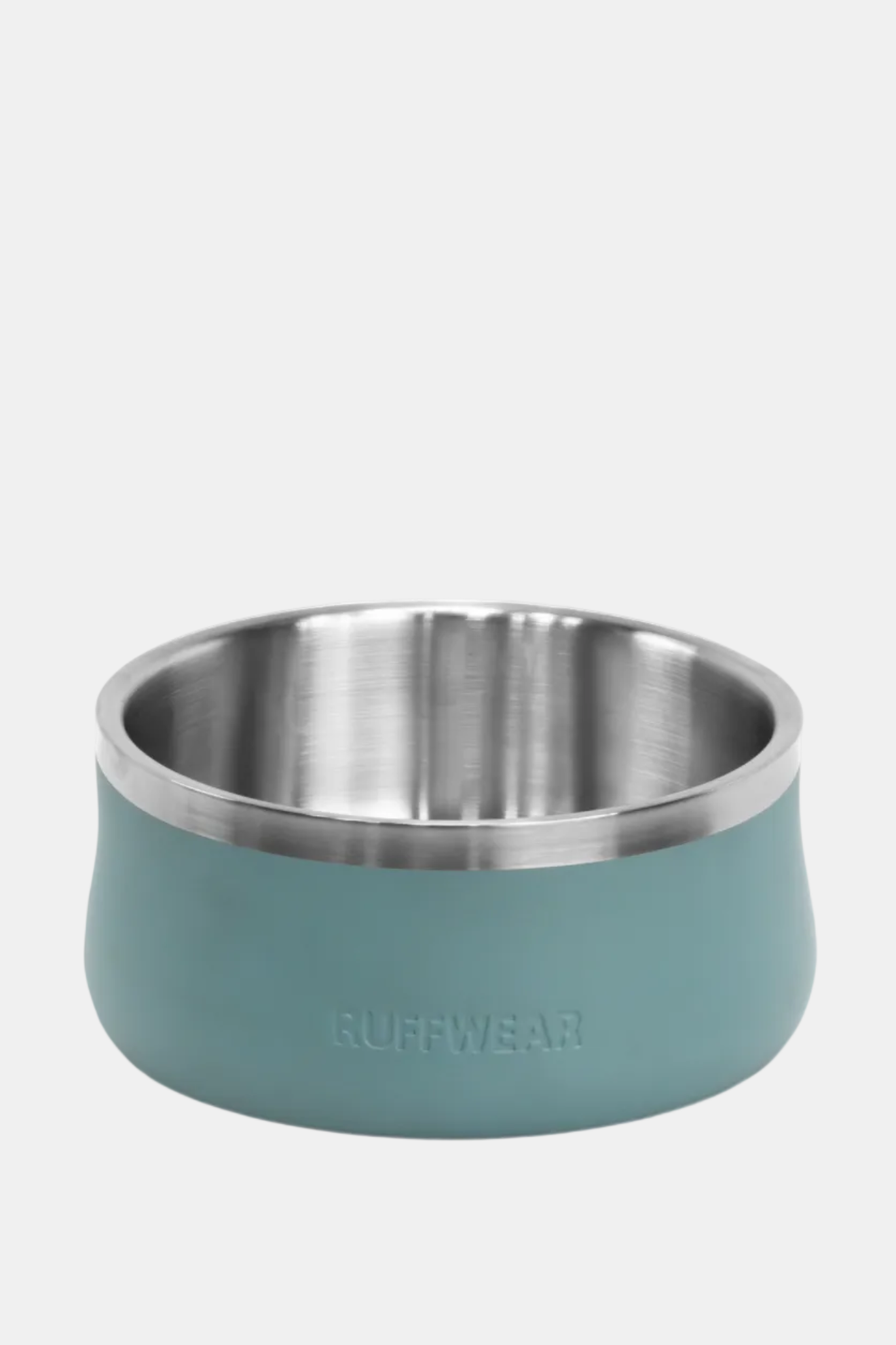 Teal pet bowl with stainless steel interior on a white background