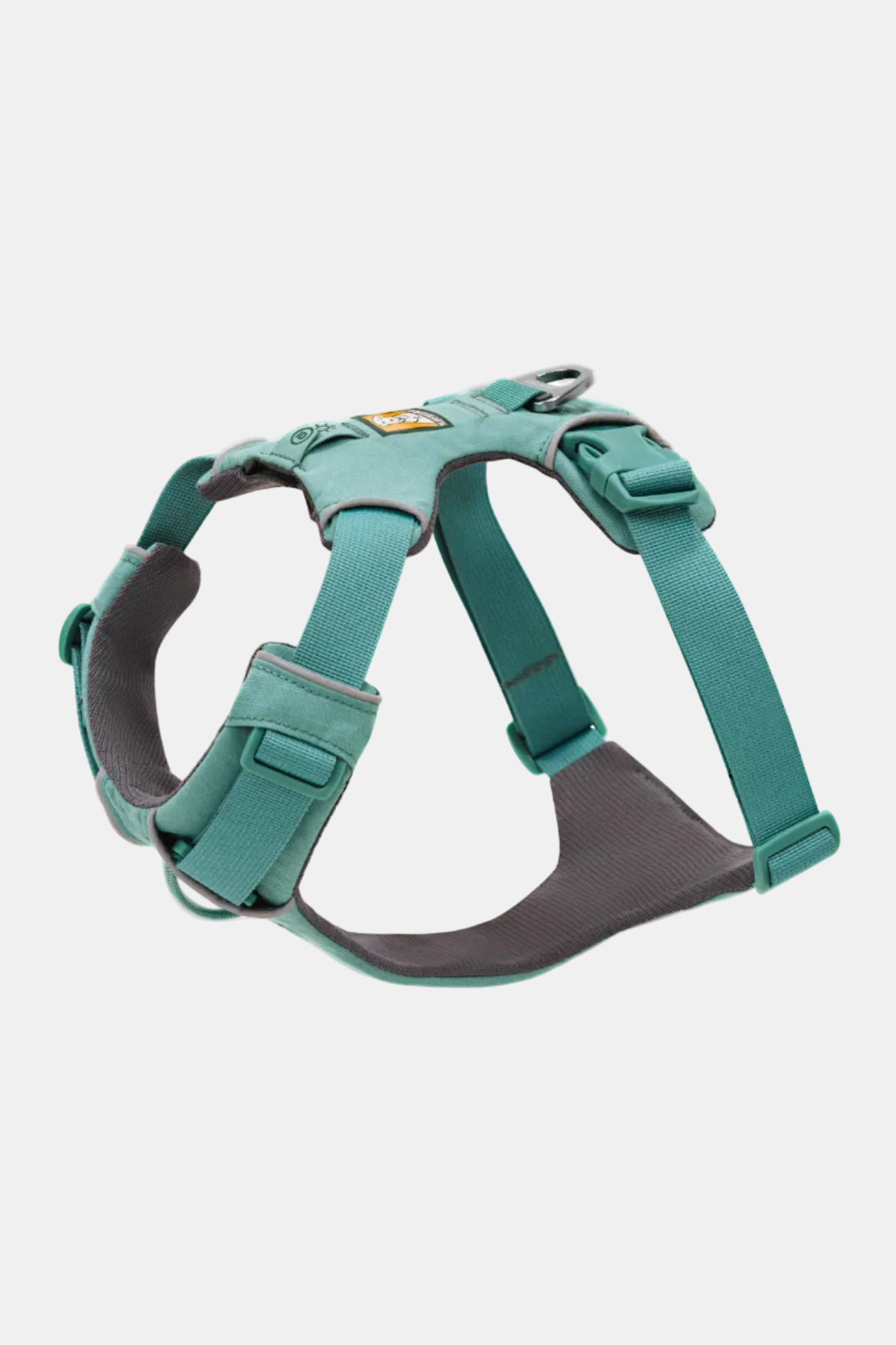 Teal dog harness on a white background