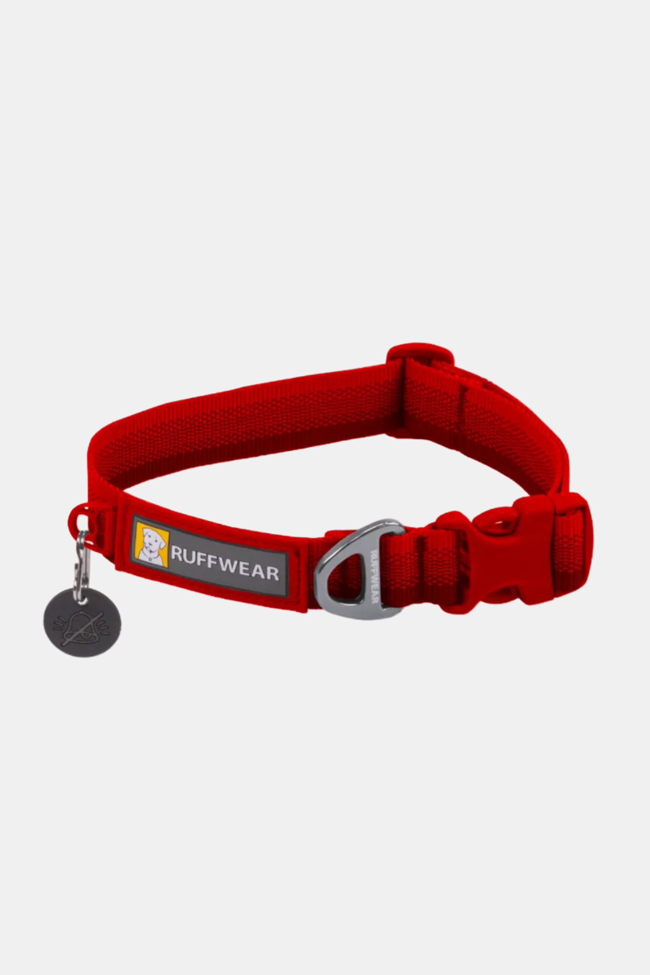 Red dog collar with Ruffwear logo on a white background