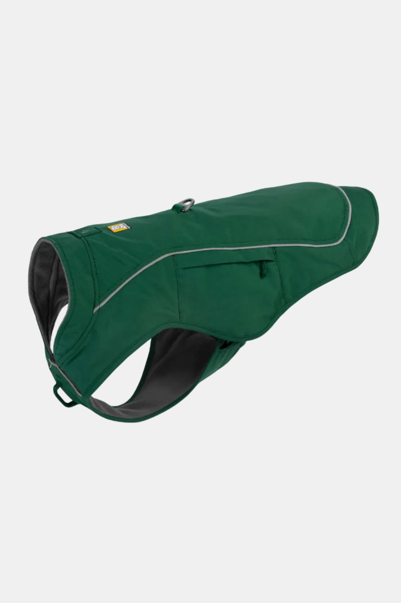 Green dog coat with reflective trim on a white background