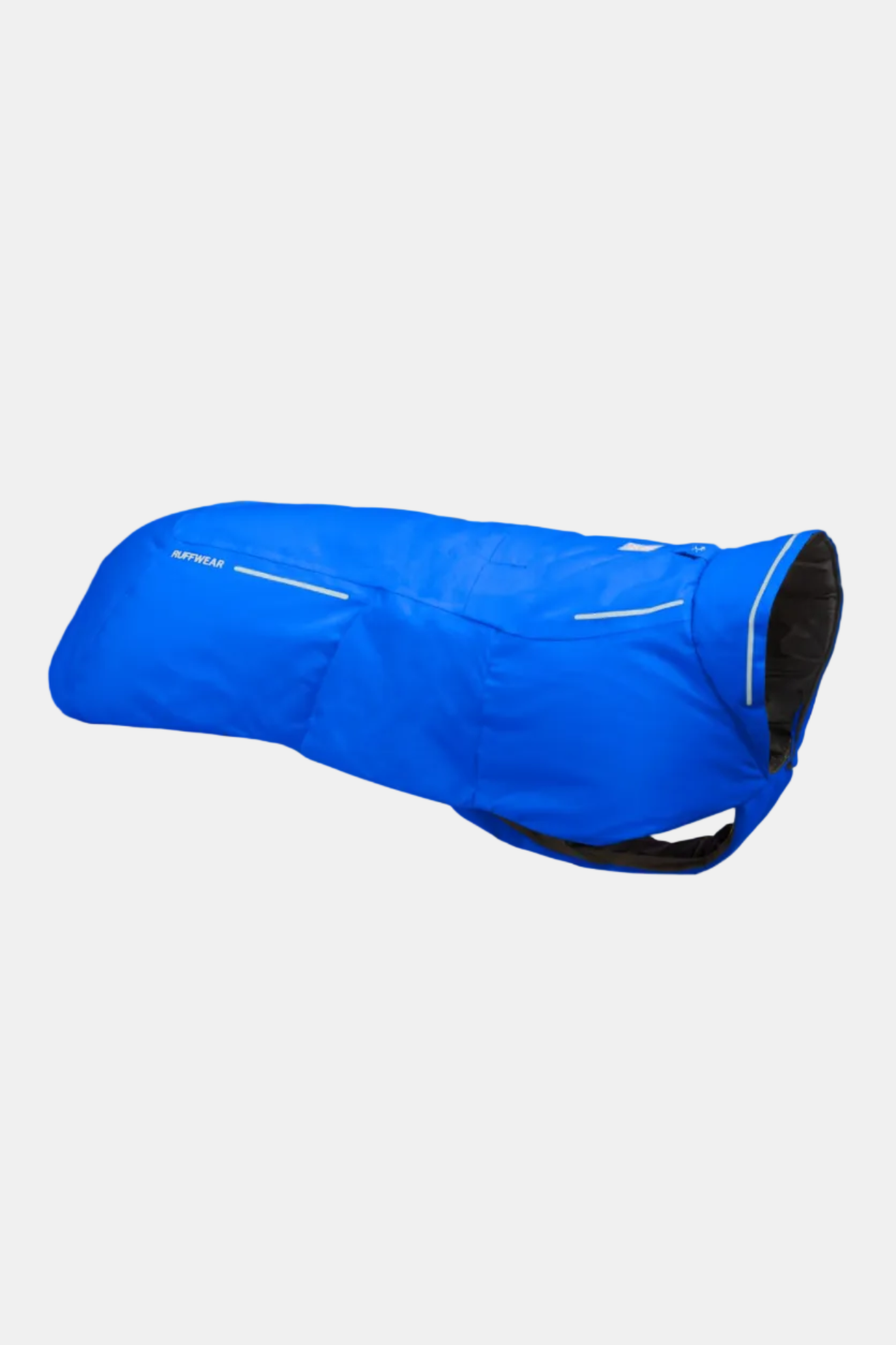 Blue dog coat with black trim on a white background