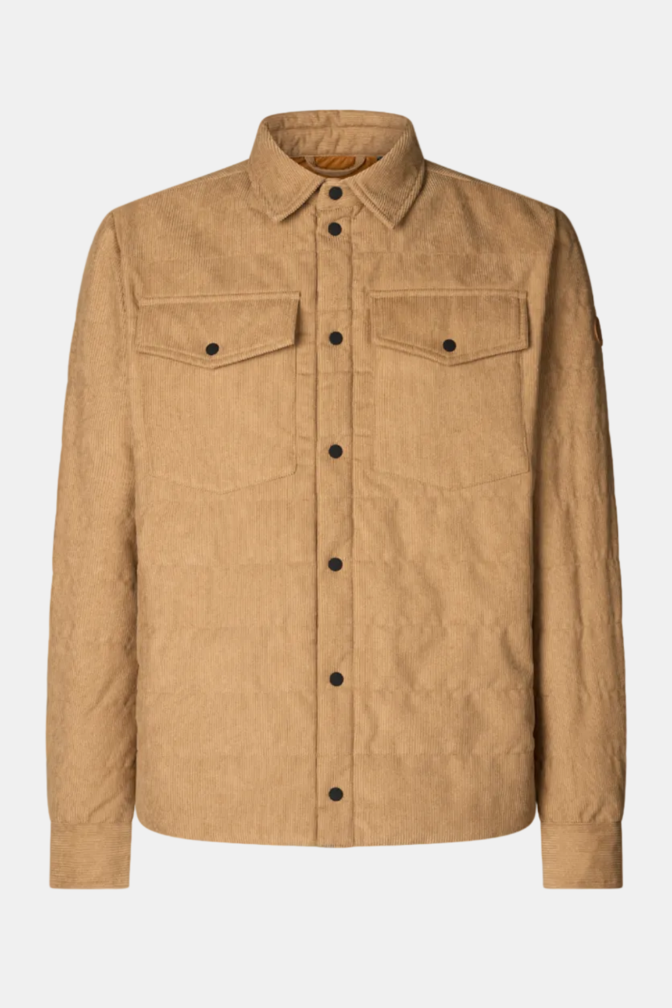 Tan jacket with black buttons on a white background