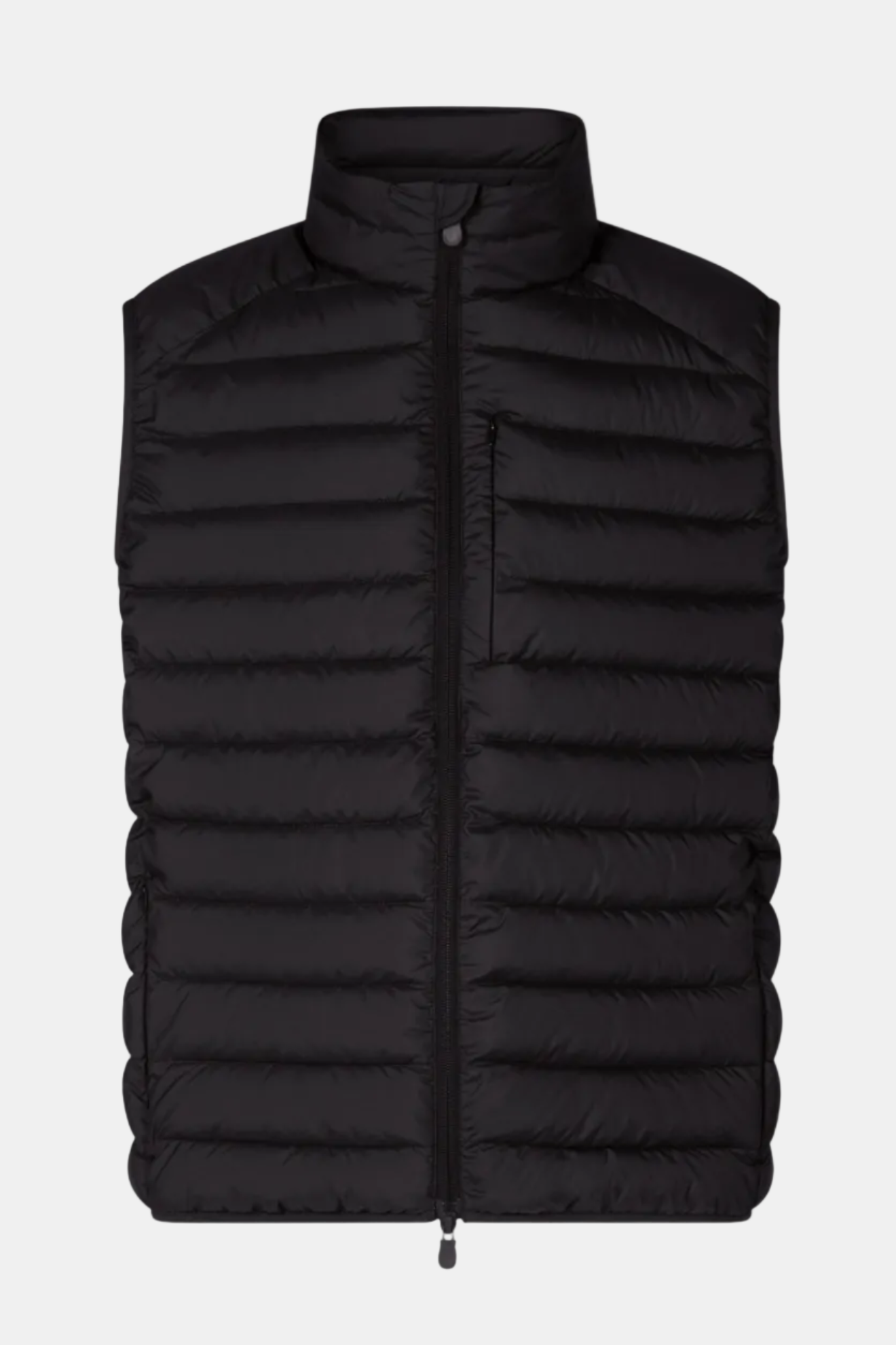 Black puffer vest on a white background
