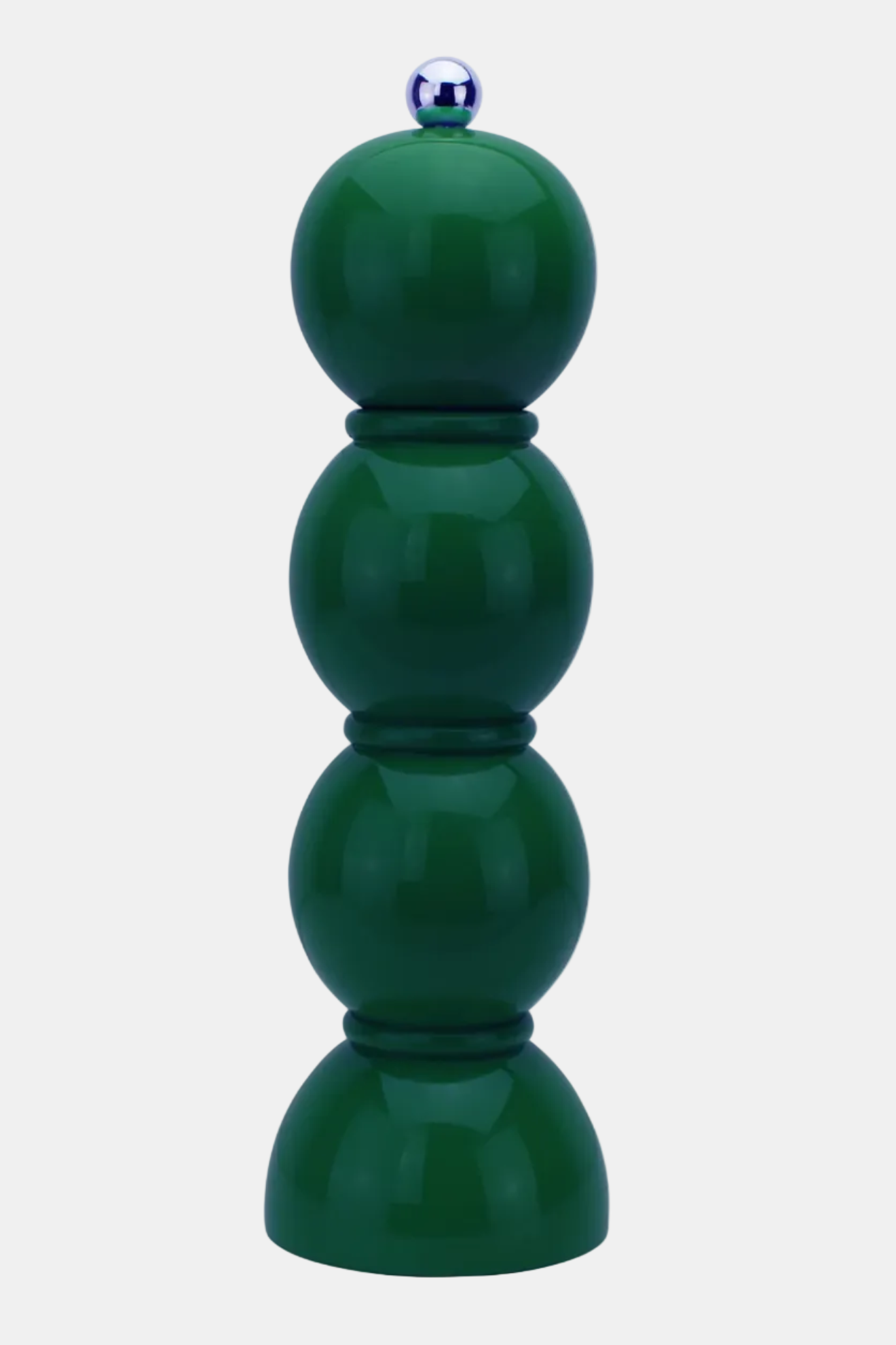 A glossy dark green decorative object with four stacked rounded tiers and a small metallic silver sphere on top, shown against a plain light gray background.