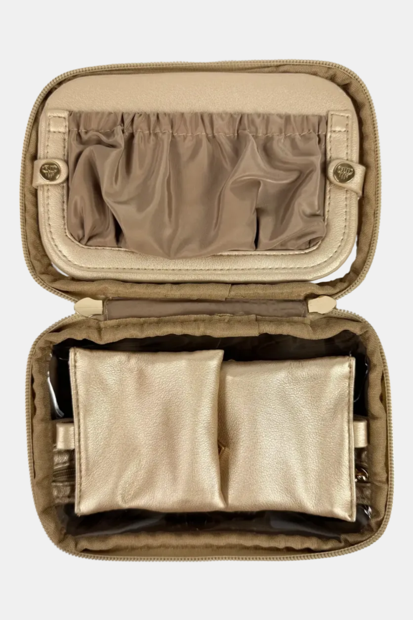 Open beige travel case with two beige pouches inside on a white background