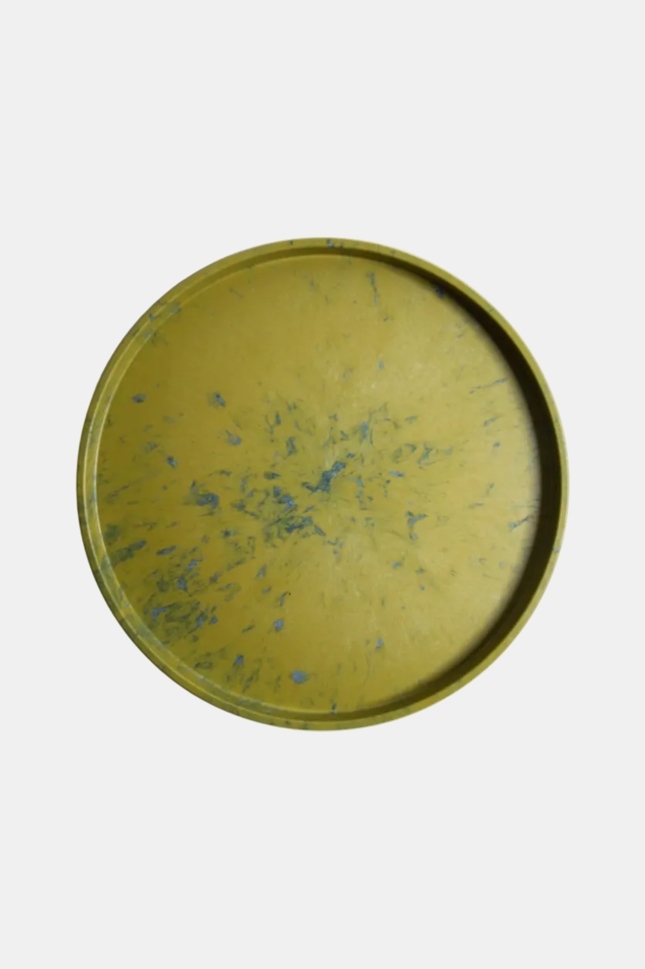 Round yellow metal tray with blue markings on a white background