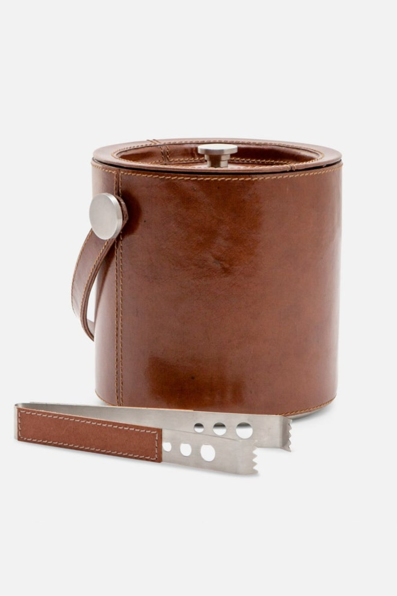 Brown leather can cooler with metal blade on a white background
