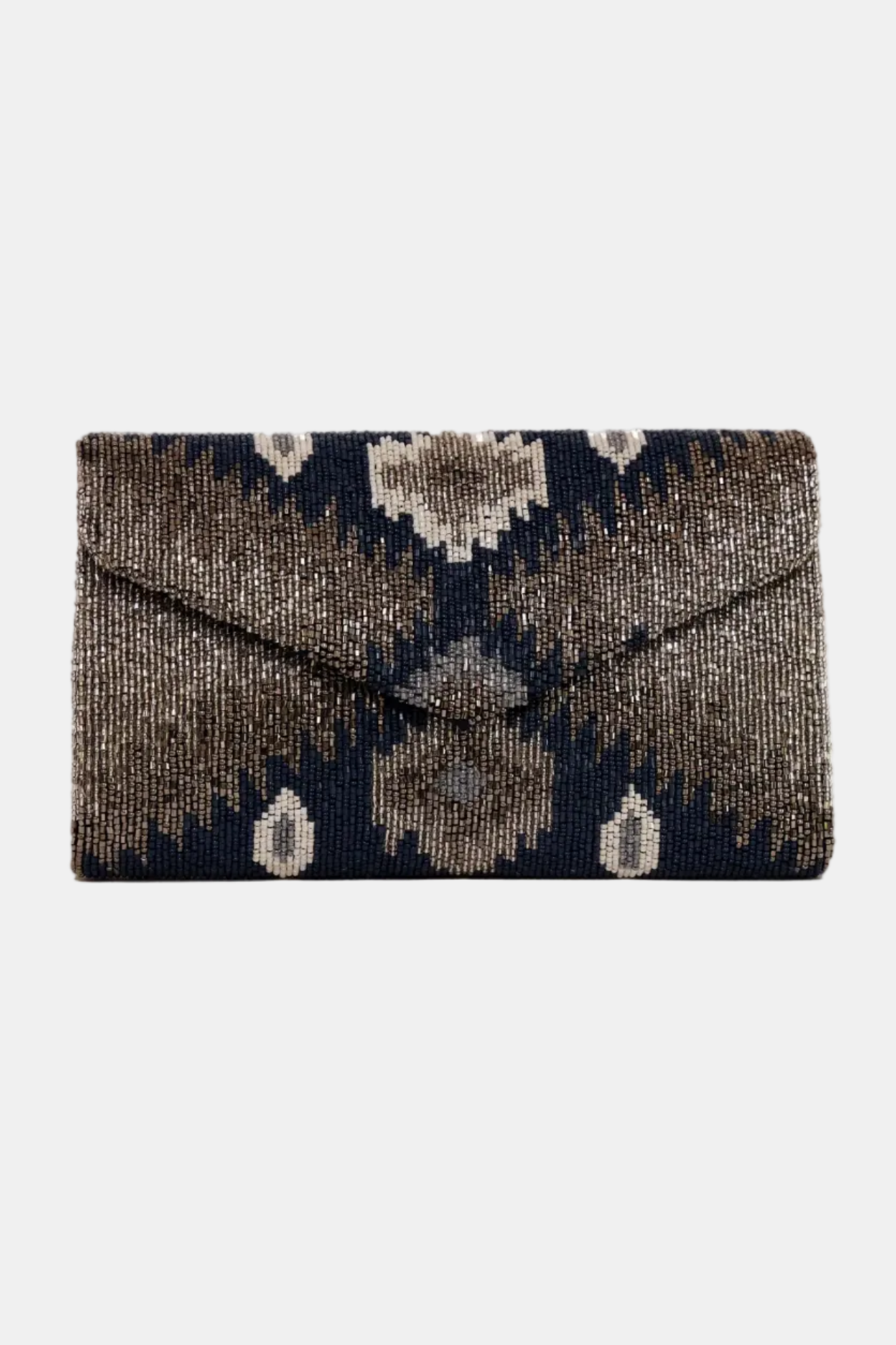 Beaded clutch with geometric pattern on a white background