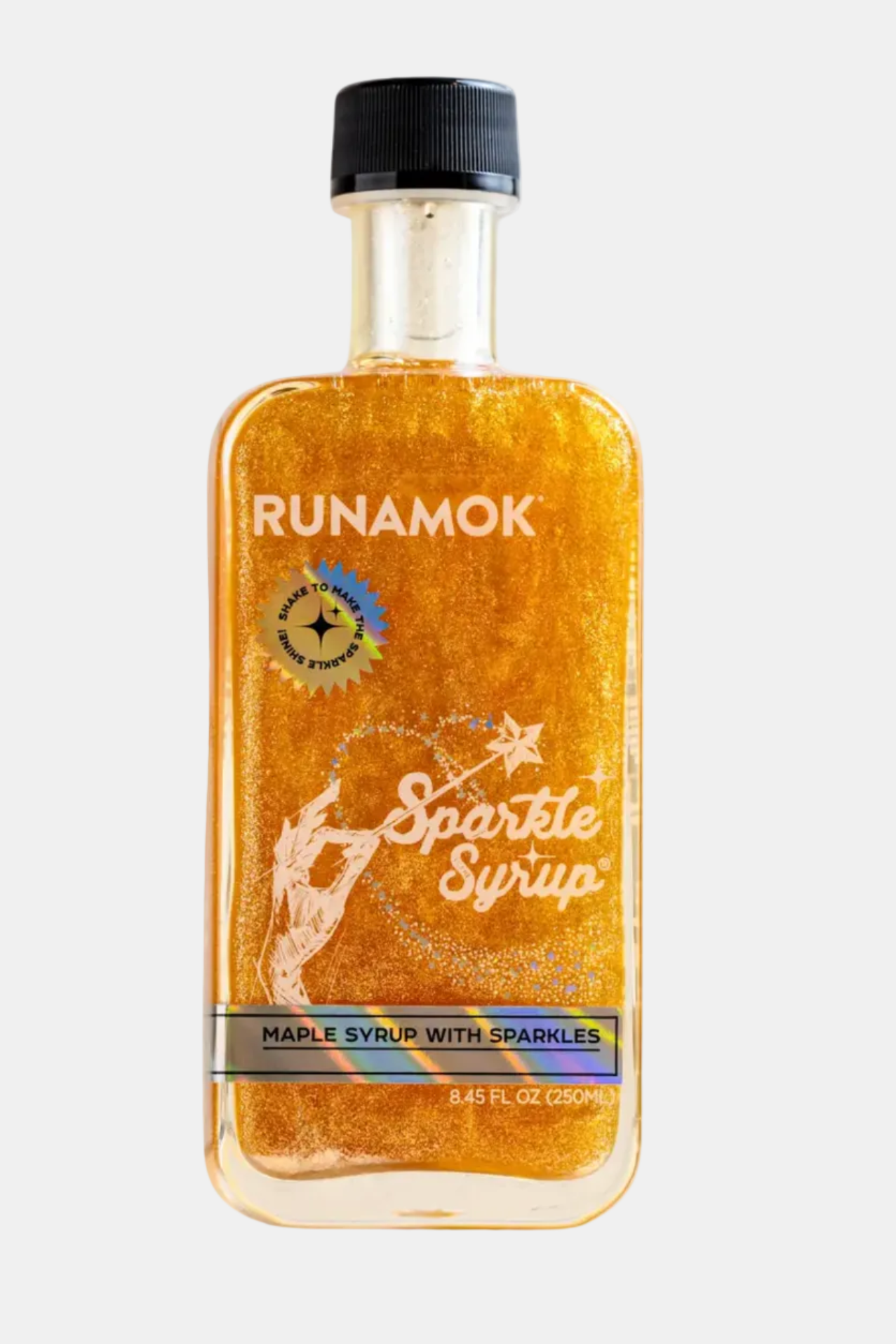 Bottle of Runamok Sparkle Syrup on a white background