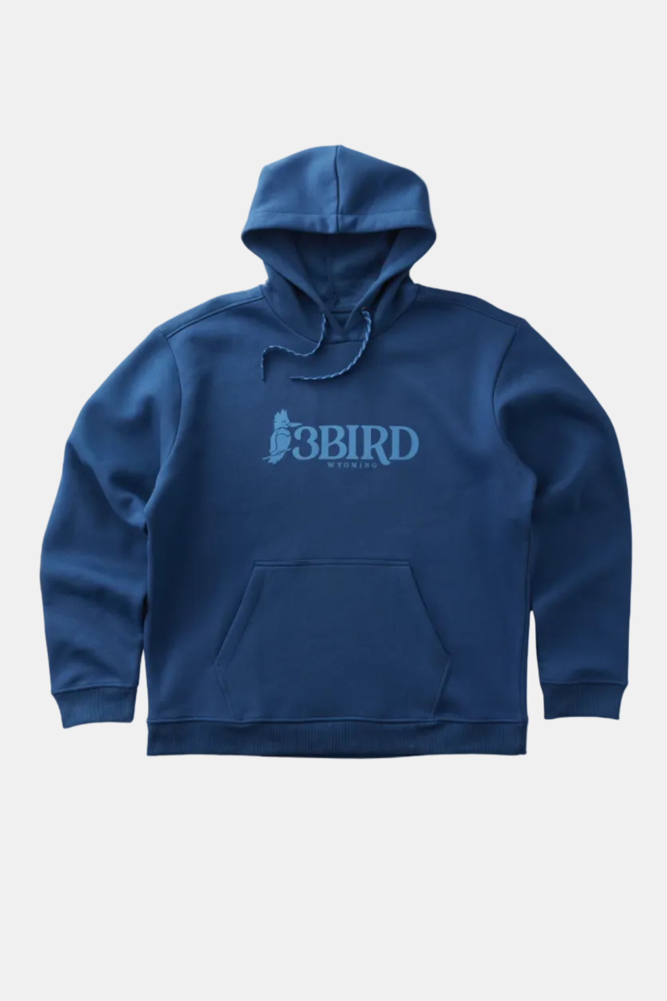 Blue hoodie with '3BIRD' logo on a white background