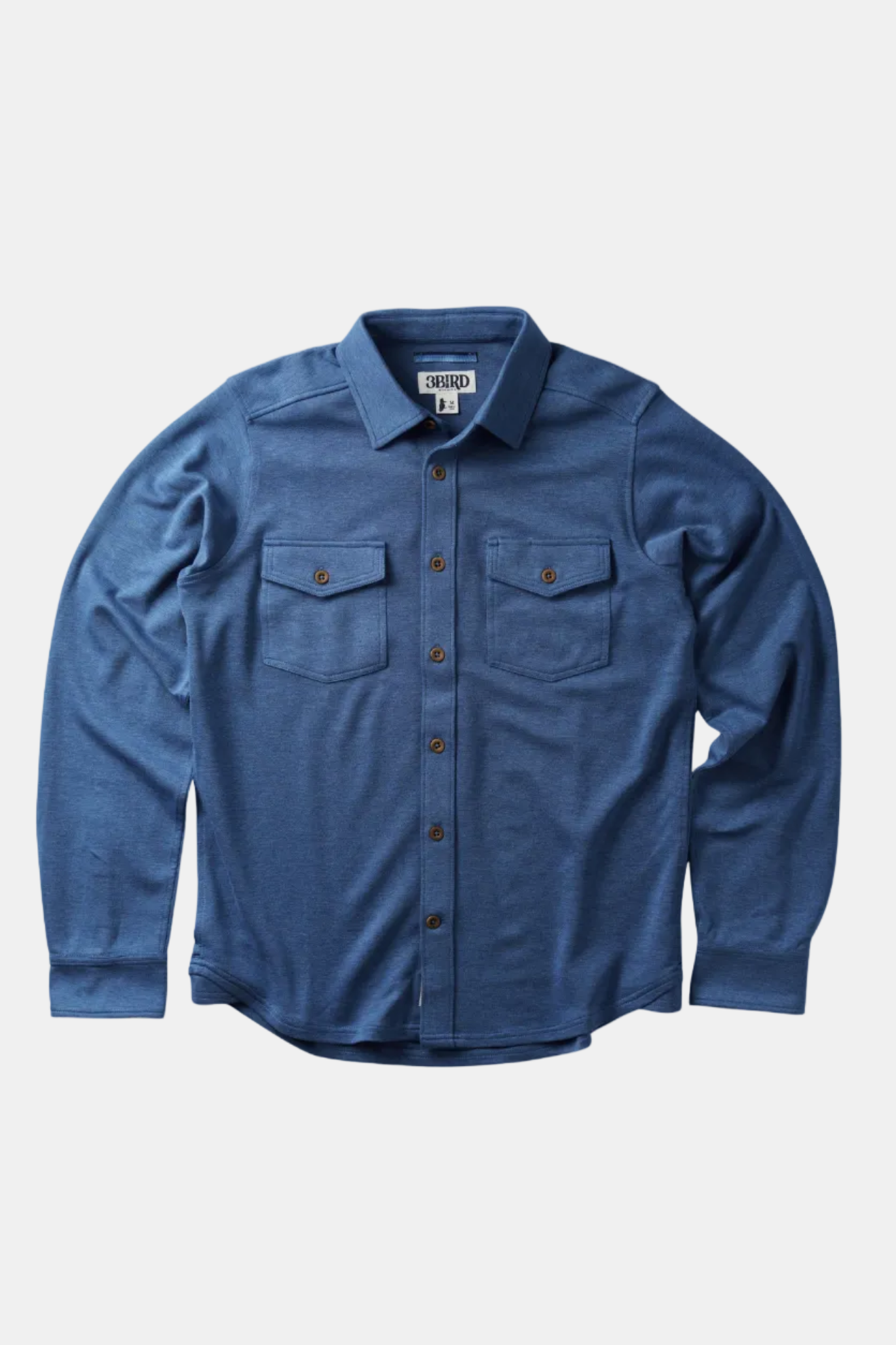 Blue button-up shirt on a white background