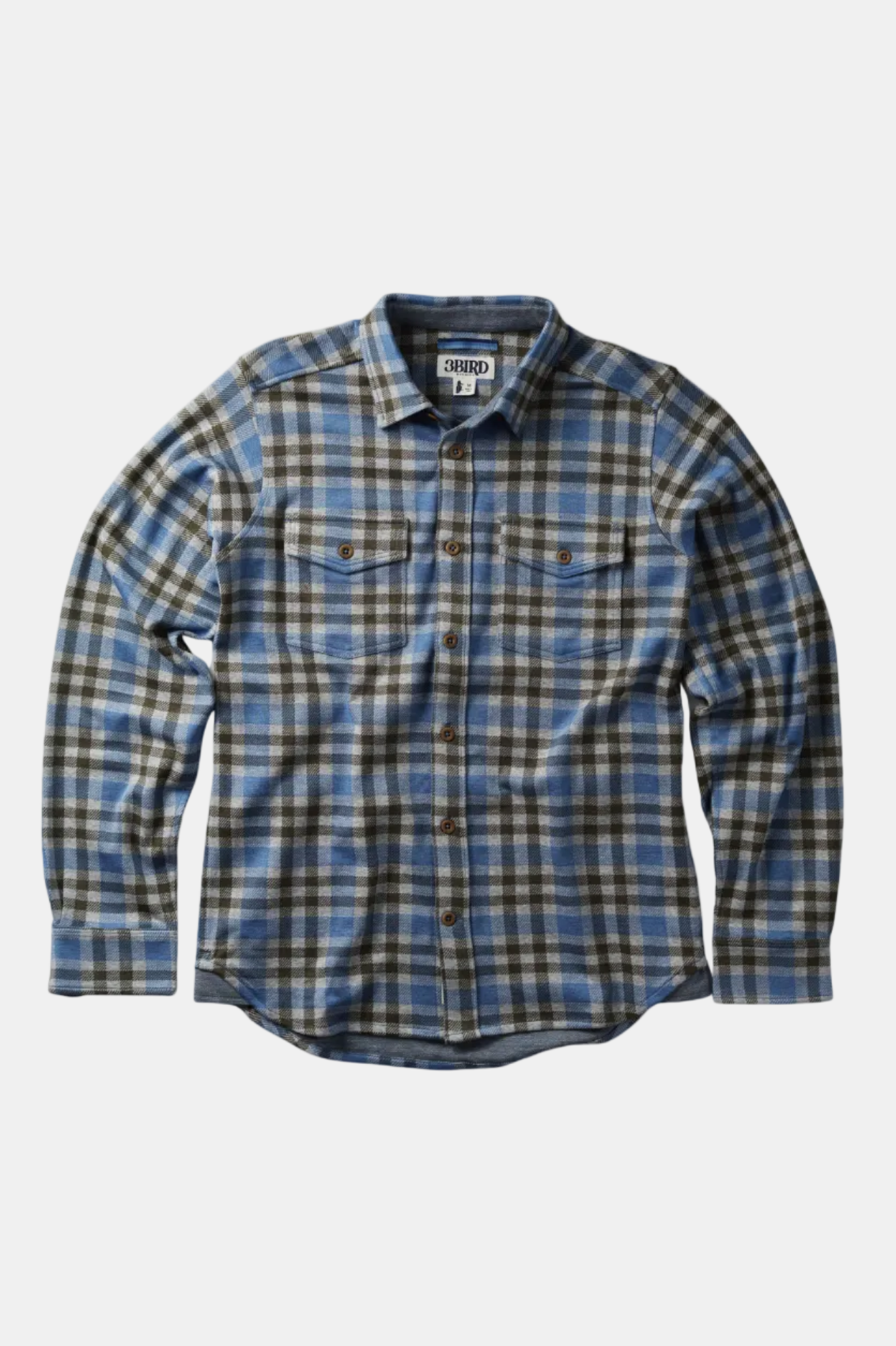 Plaid shirt with blue and green pattern on a white background