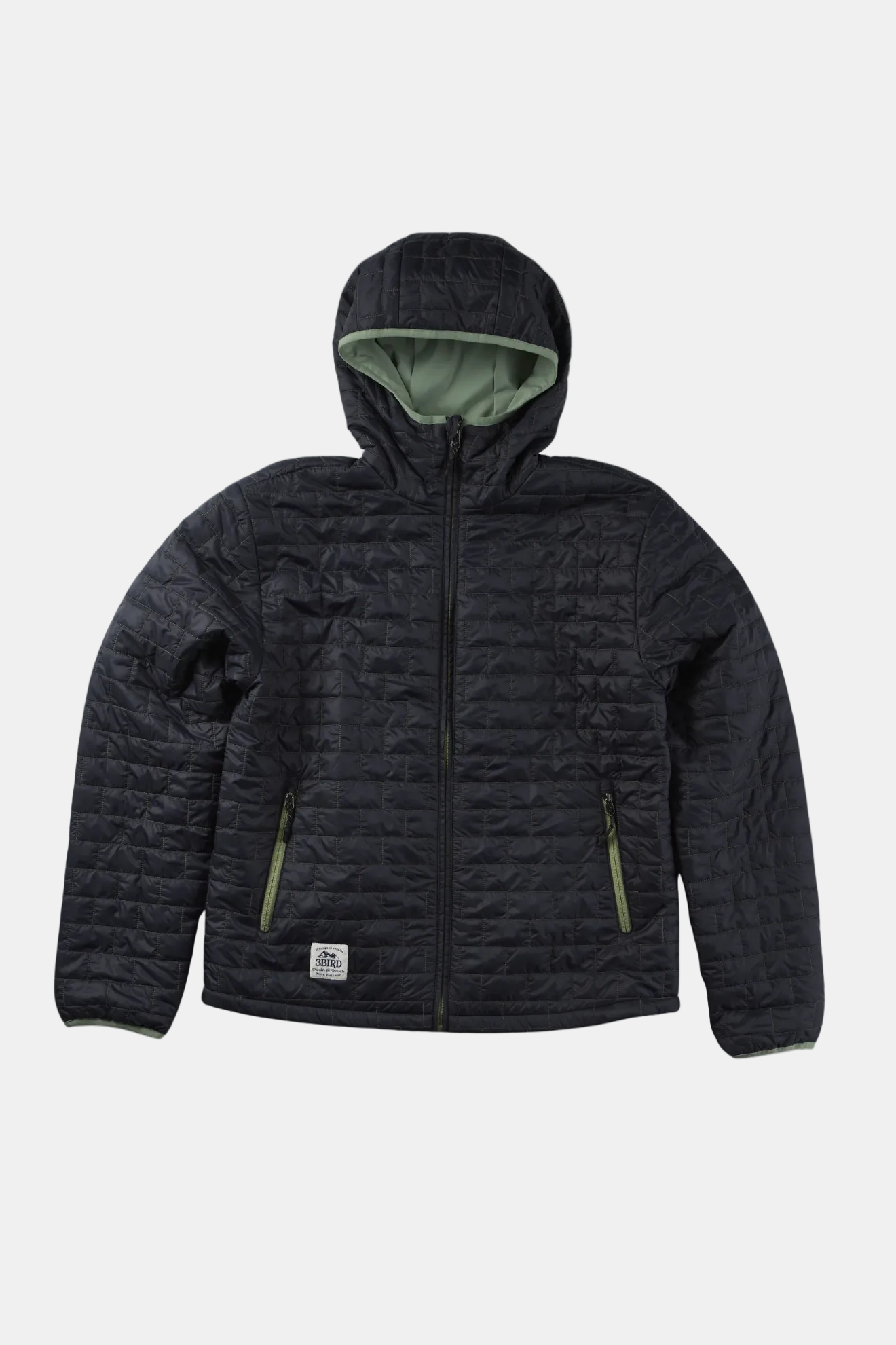 Black quilted jacket with a hood on a white background
