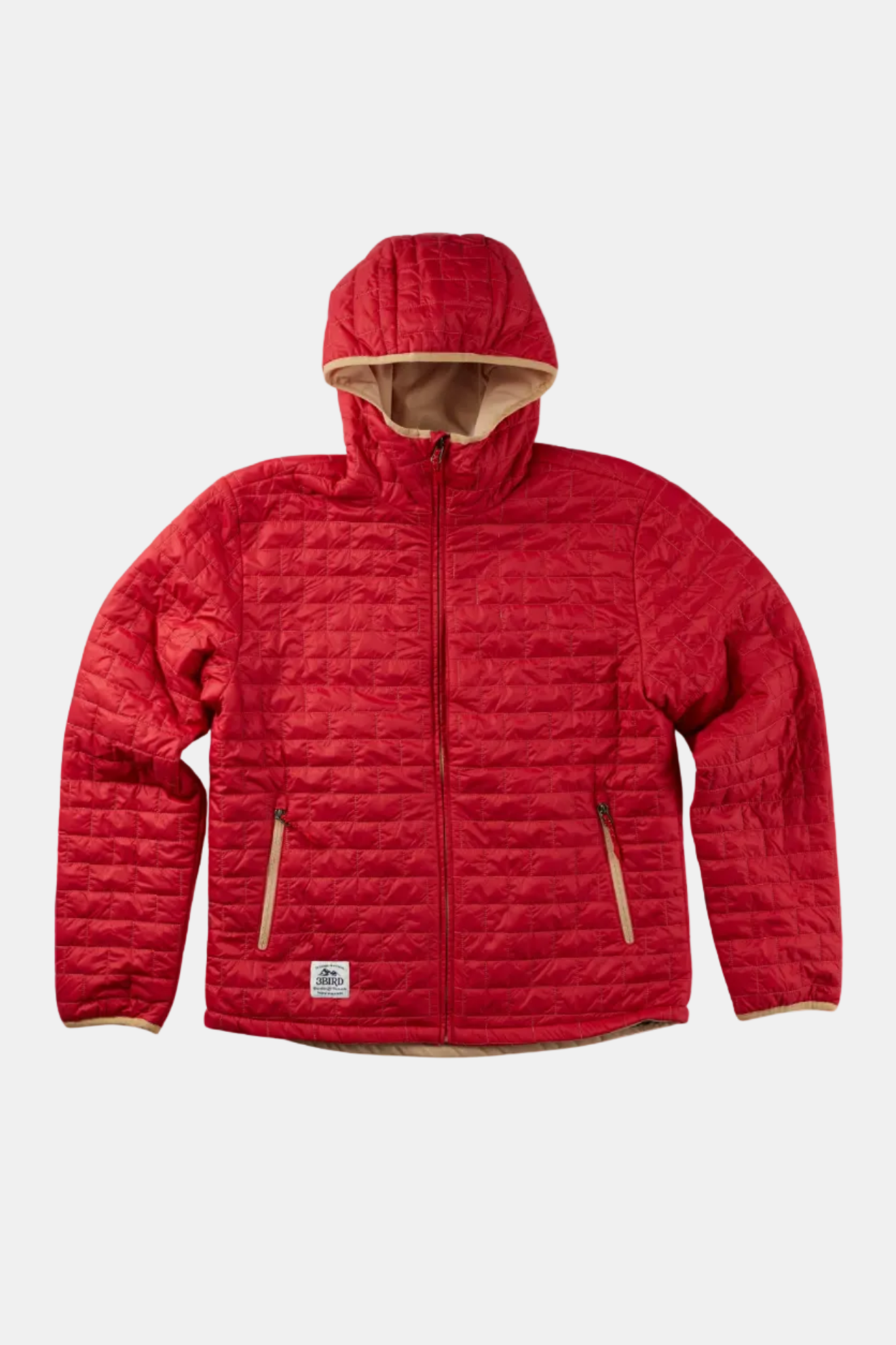Red quilted jacket with a hood on a white background