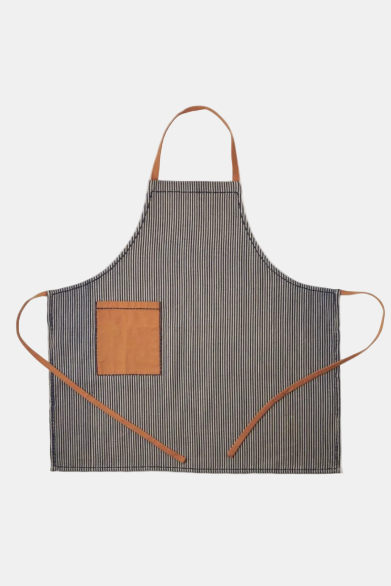 Gray apron with brown leather straps and pocket on a white background