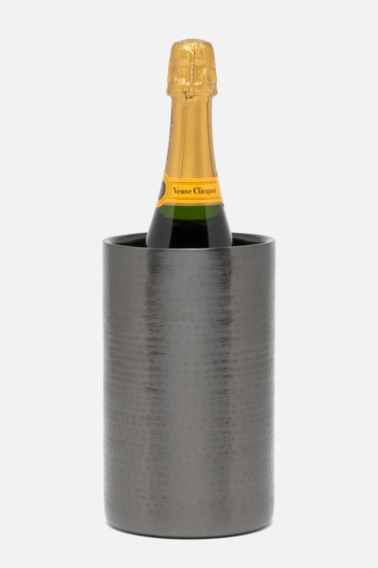 Bottle of champagne in a metallic cooler on a white background