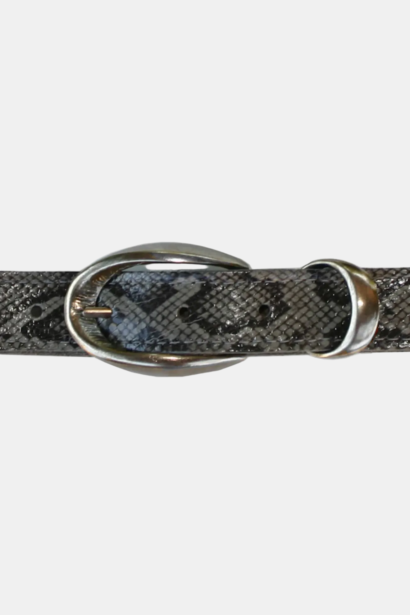 Black and silver belt with a metallic buckle on a white background