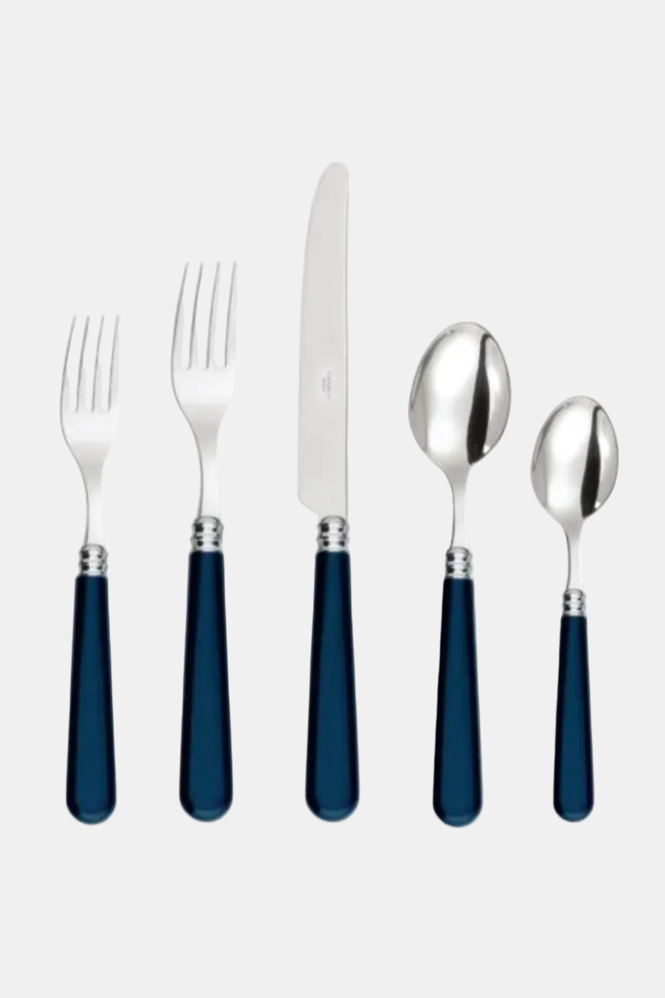 Set of silver cutlery with blue handles on a white background