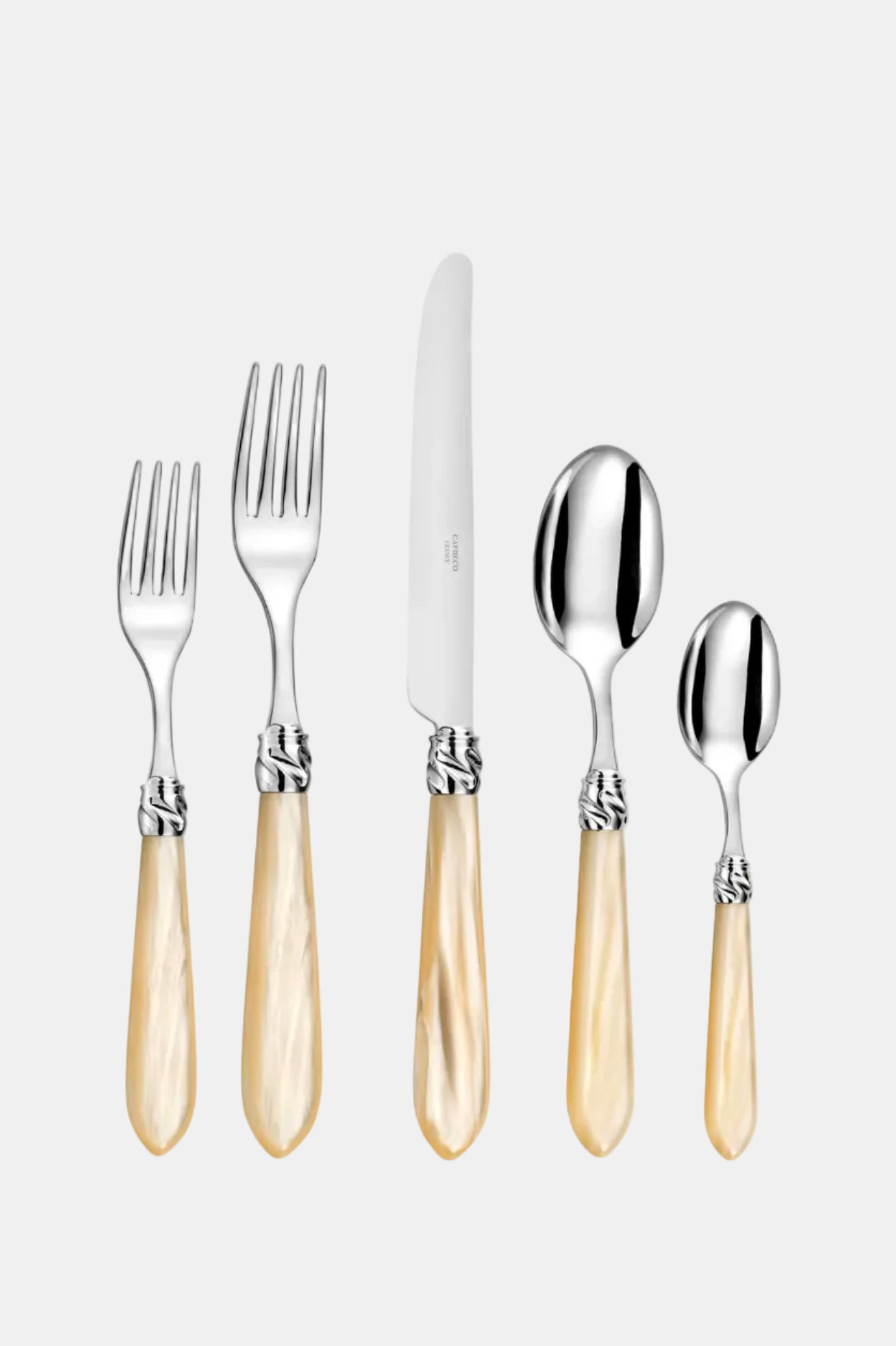 Set of silver cutlery with beige handles on a white background
