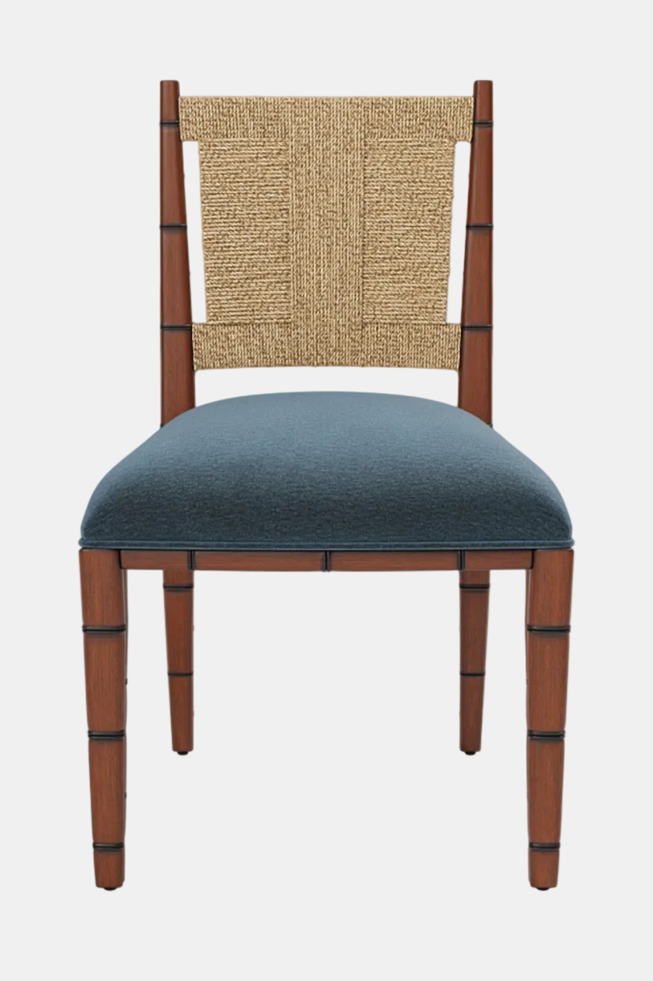 Chair with woven backrest and blue seat on a white background