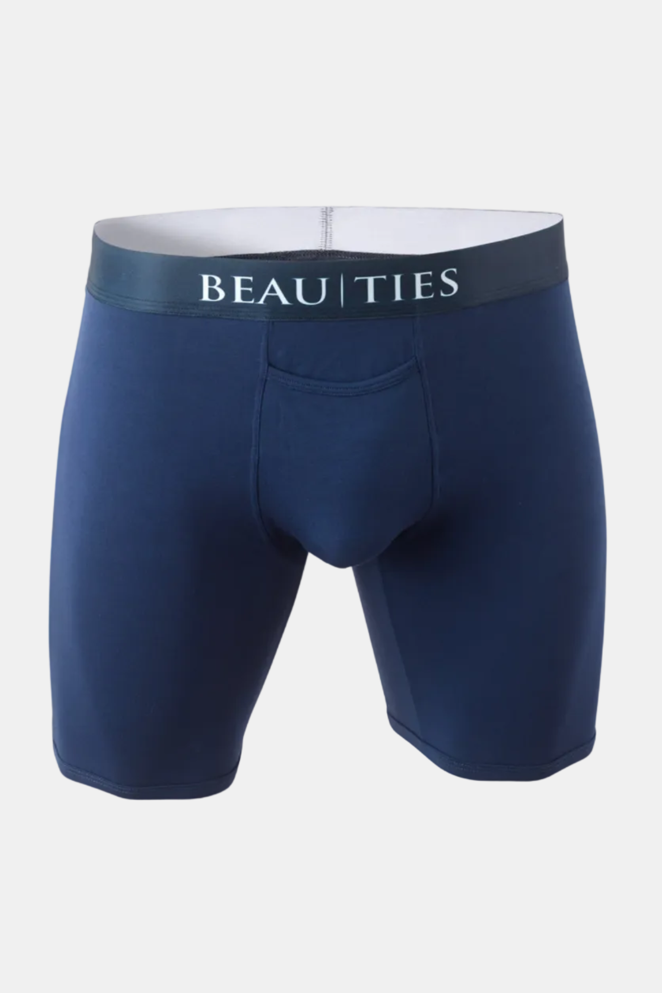Navy boxer briefs with a gray waistband featuring 'BEAU TIES' branding on a white background.