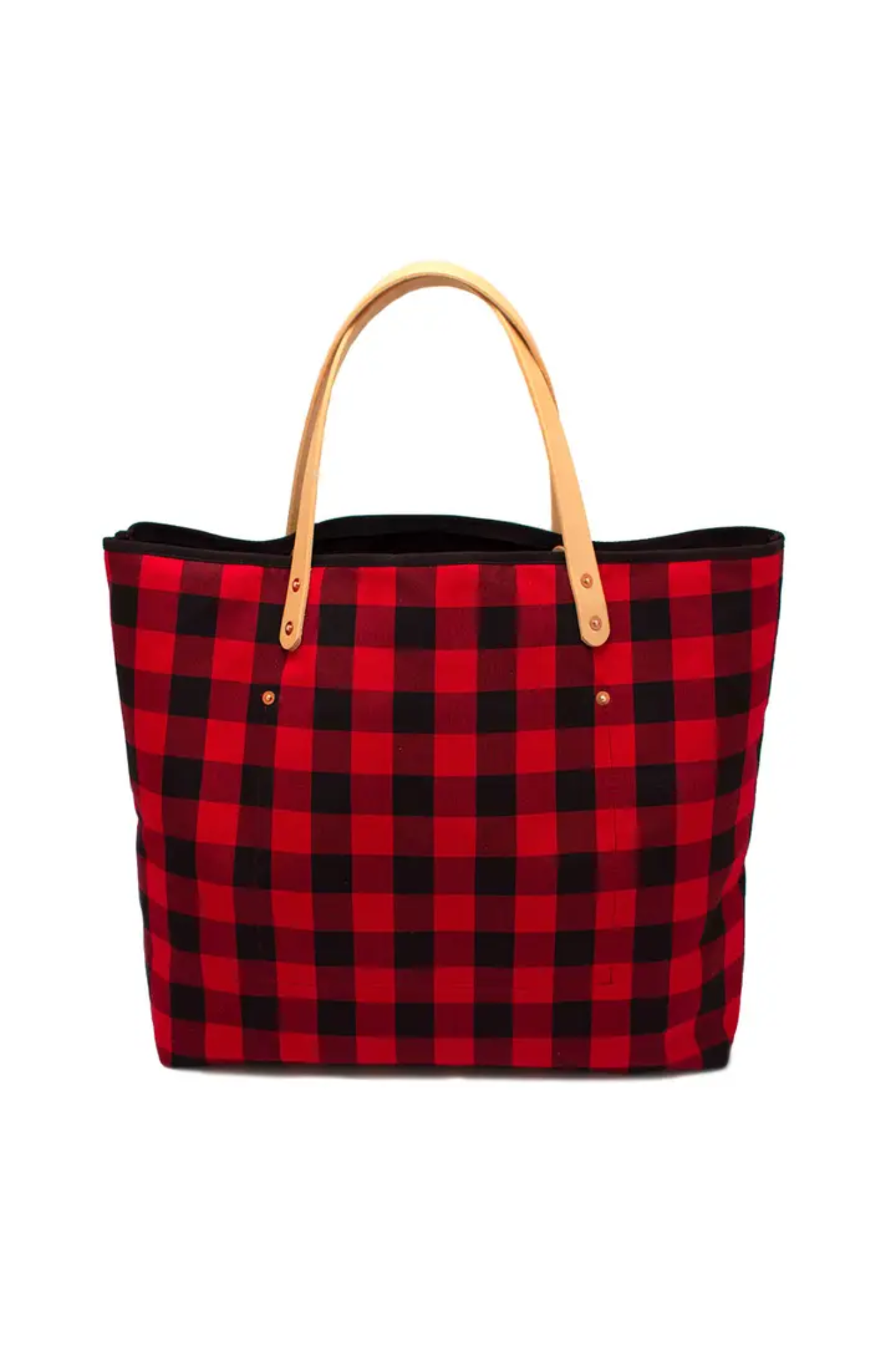 Red and black plaid tote bag with a wooden handle on a white background