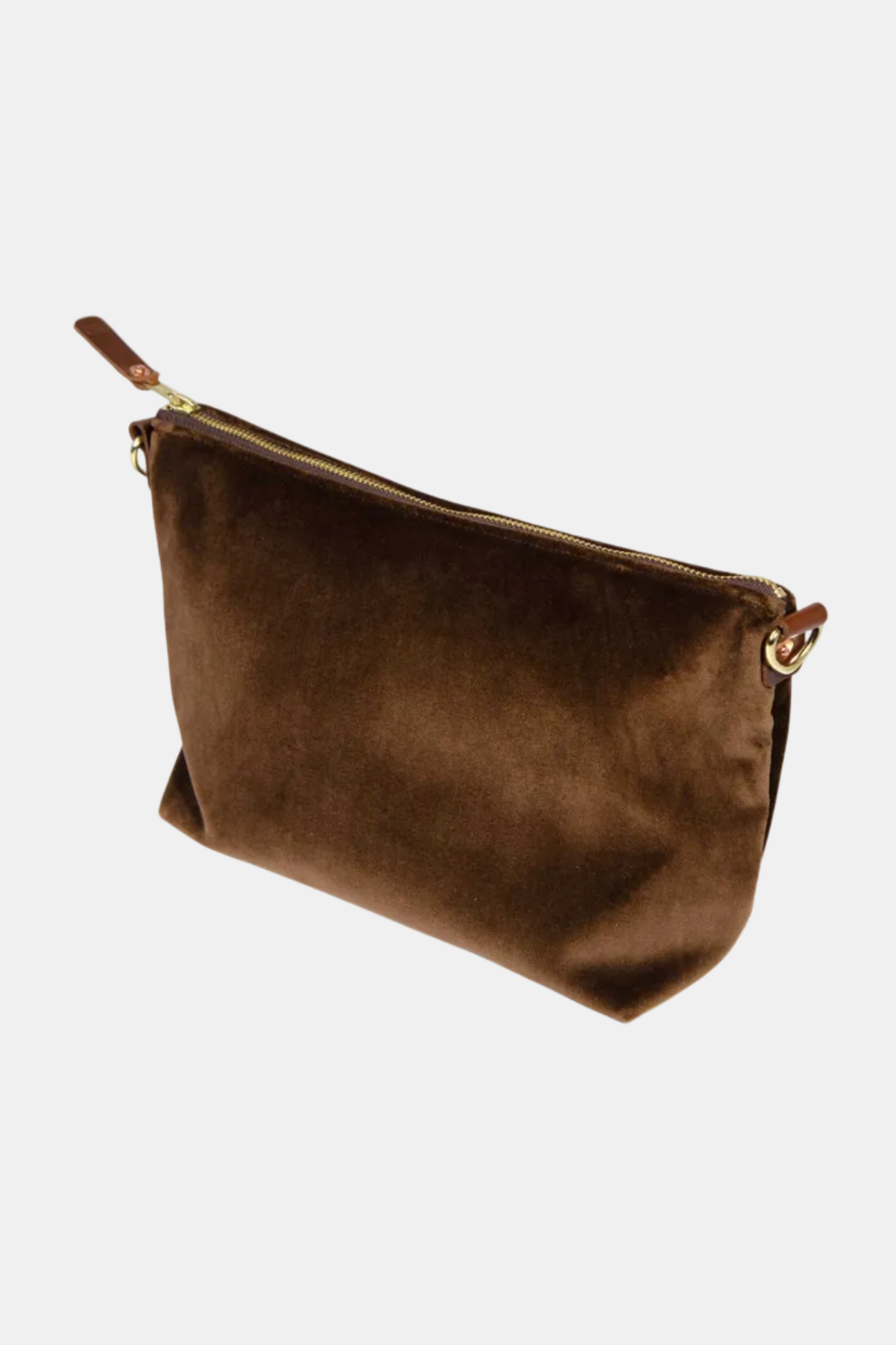 Brown suede pouch with gold zipper on a white background