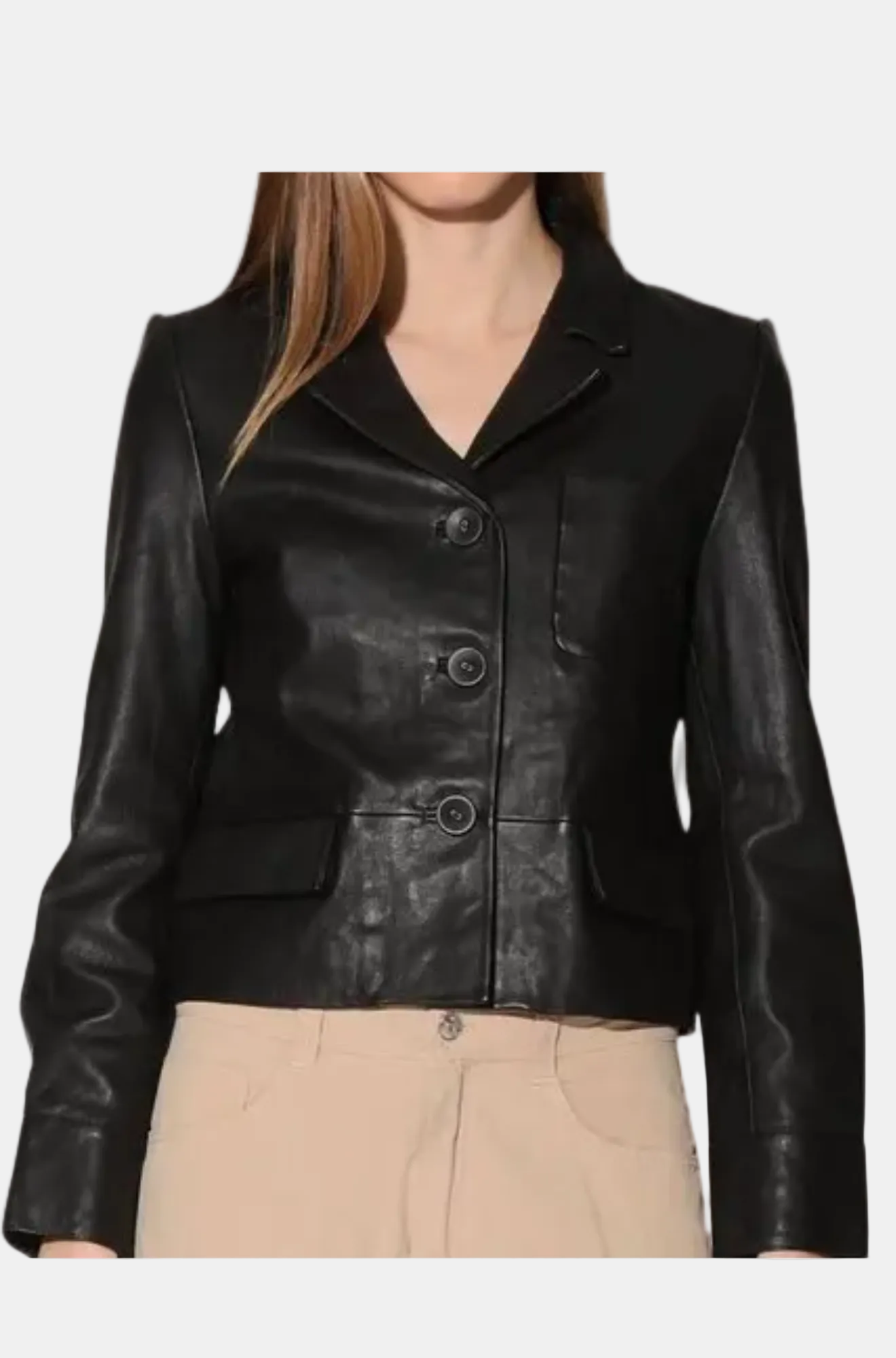 Black leather jacket worn by a person on a white background