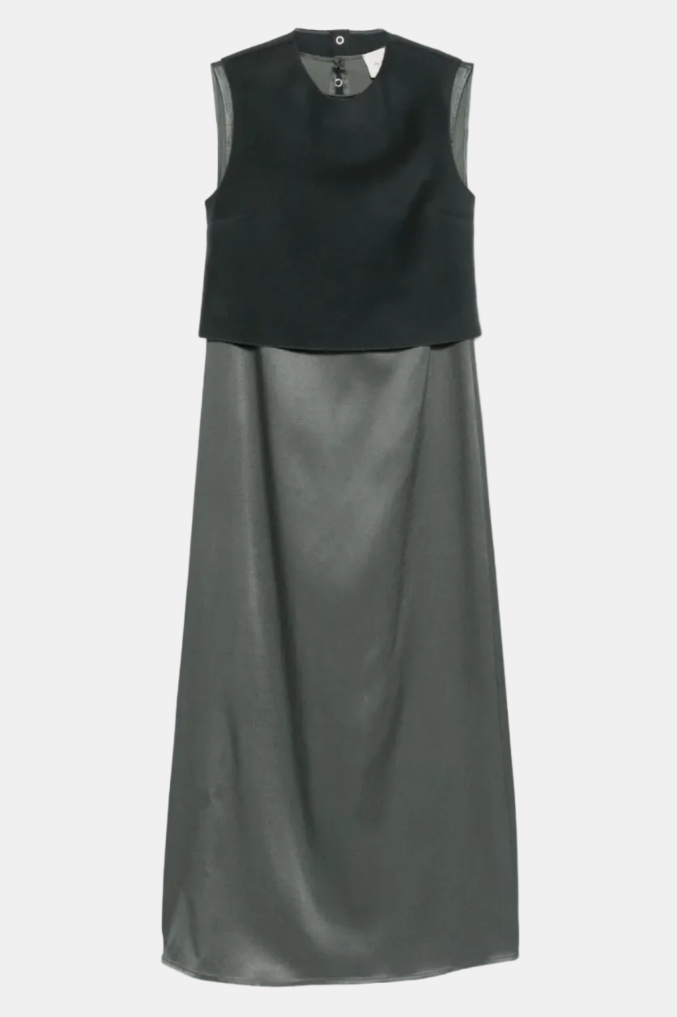 Black sleeveless top and gray skirt on a white background